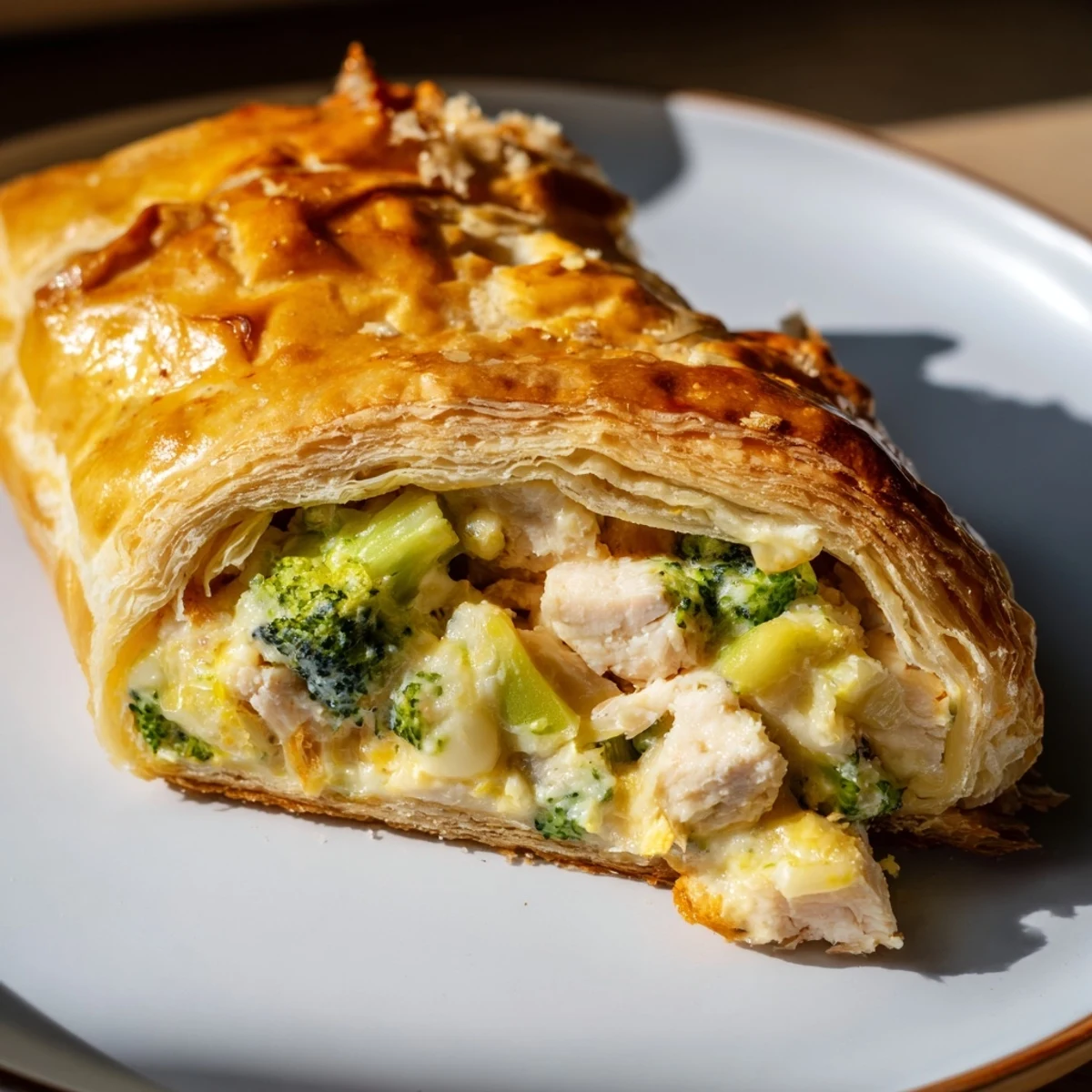 Close-up of golden brown Creamy Chicken and Broccoli Puff Pastry Rolls, showcasing the creamy filling.
