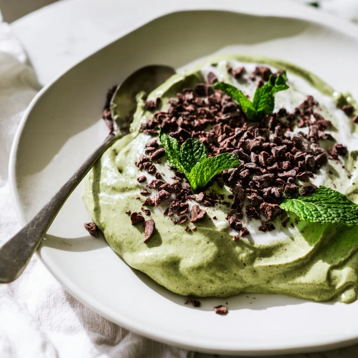 A close-up shot of creamy, layered Grinch Green Mint Matcha Chia Pudding, ready for a healthy breakfast.