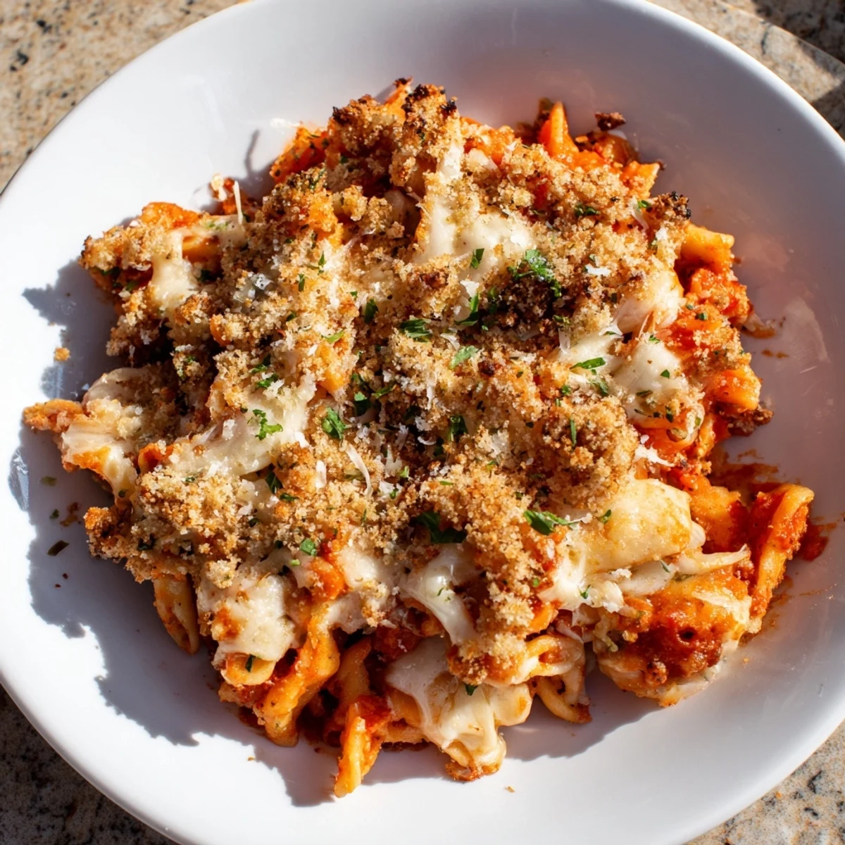 A hearty plate of Lightened Mac & Cheese Snowflake Pasta Bake with a crispy breadcrumb topping and melted cheese.