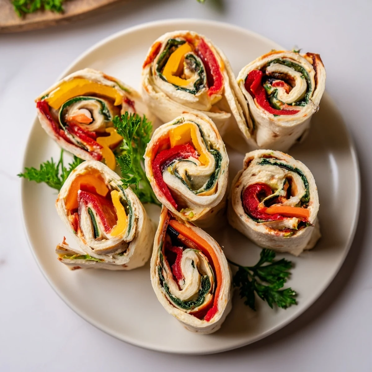 Vibrant Roasted Veggie & Hummus Candy Cane Wrap roll-ups, a colorful and delicious holiday appetizer.