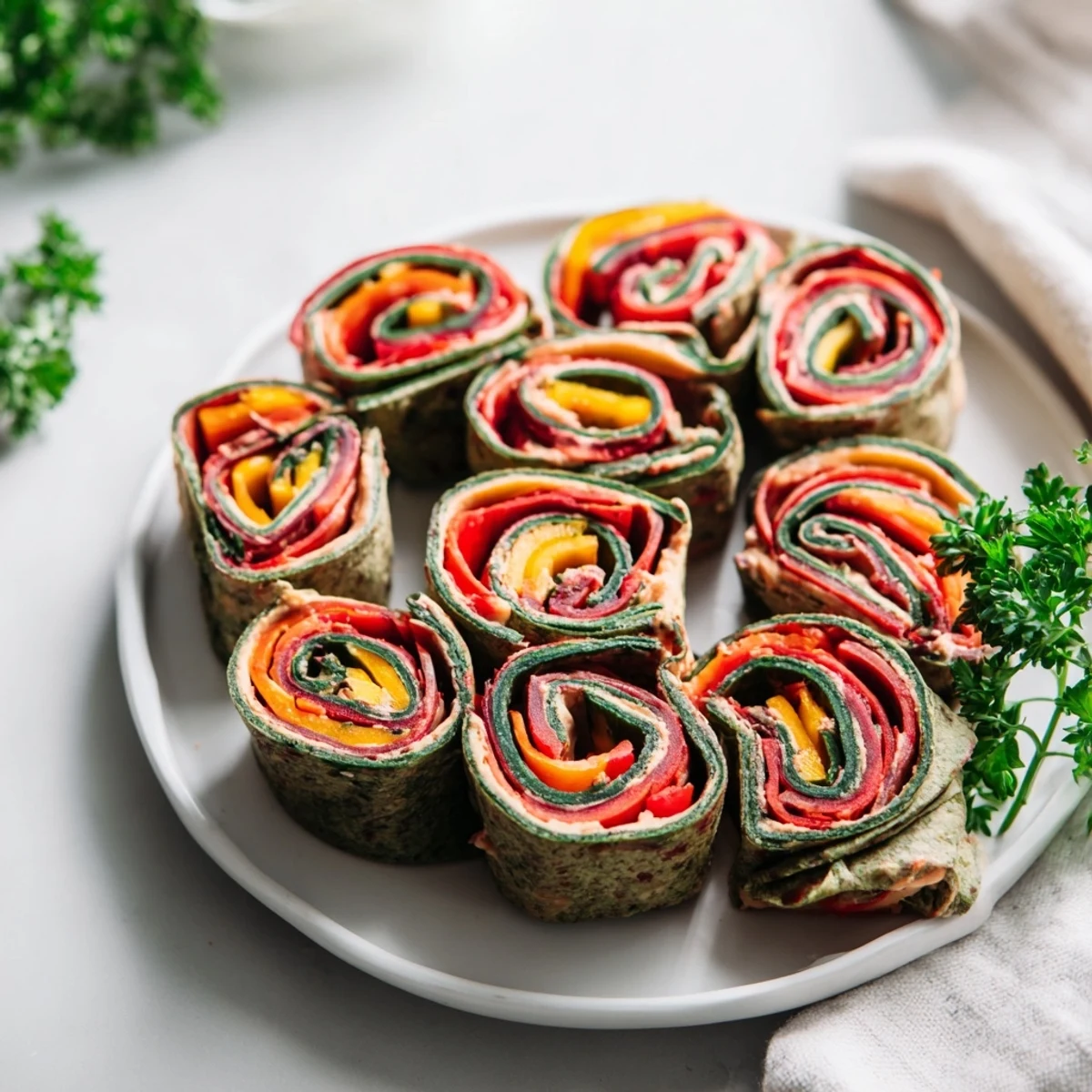 These flavorful Roasted Veggie & Hummus Candy Cane Wrap roll-ups are an easy, festive, vegetarian snack.