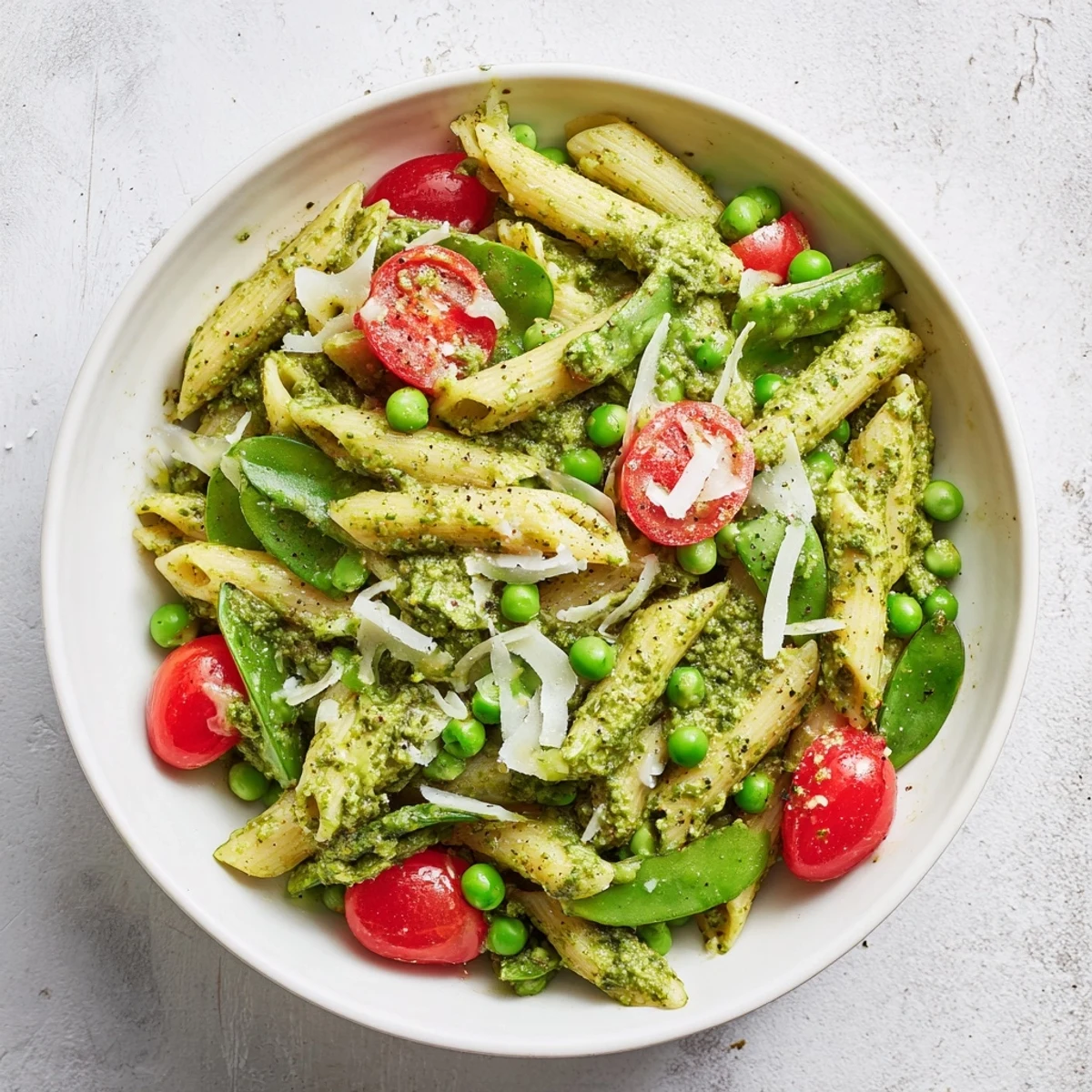 One-Pot Creamy Pesto Pea Protein Pasta: a steaming plate of pesto pasta with sweet cherry tomatoes, ready to enjoy.