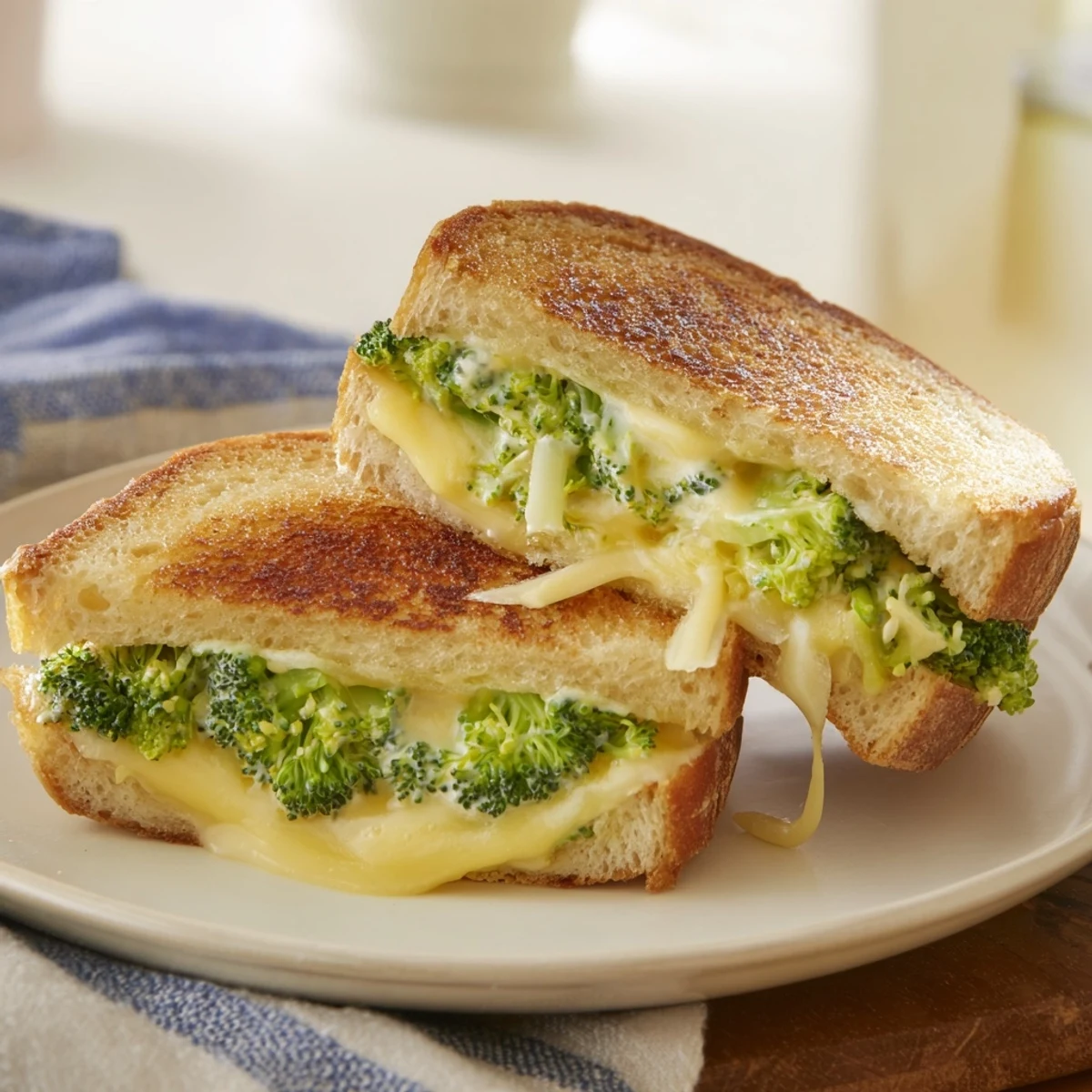 Golden brown Air Fryer Broccoli Cheddar Stuffed Grilled Cheese, oozing with melted cheese and tender broccoli.