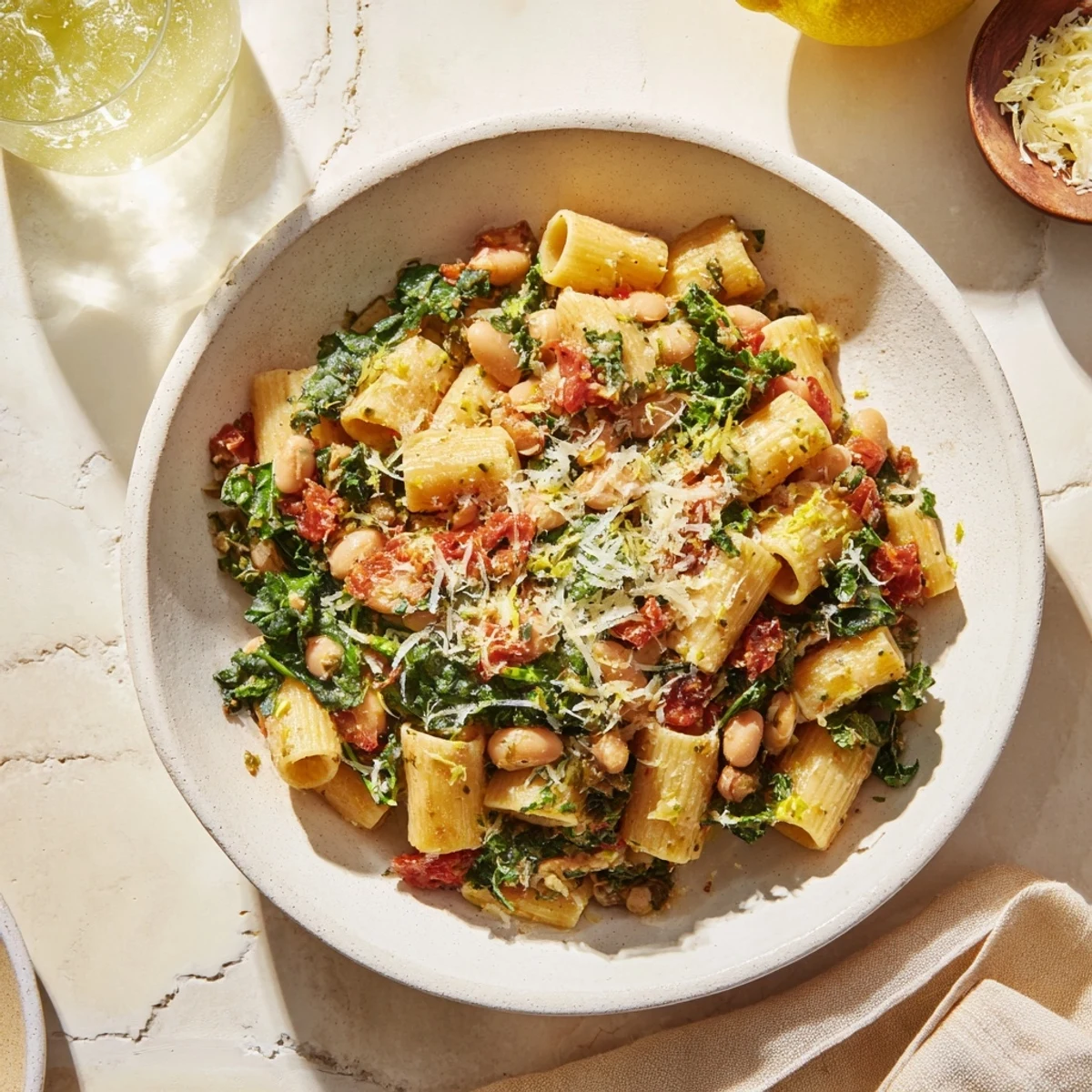 Tempting closeup of the Healthy Tuscan White Bean & Kale Christmas Pasta, a delicious and healthy vegetarian delight.