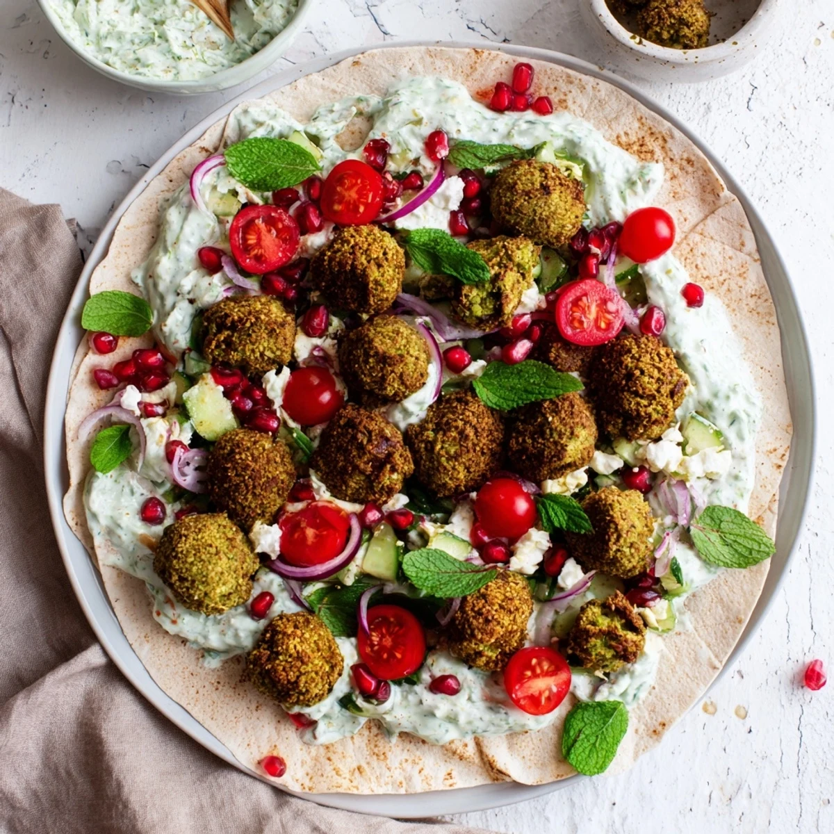 Golden brown falafel nestled in a Festive Falafel & Tzatziki Christmas Wreath Wrap, ready to eat.