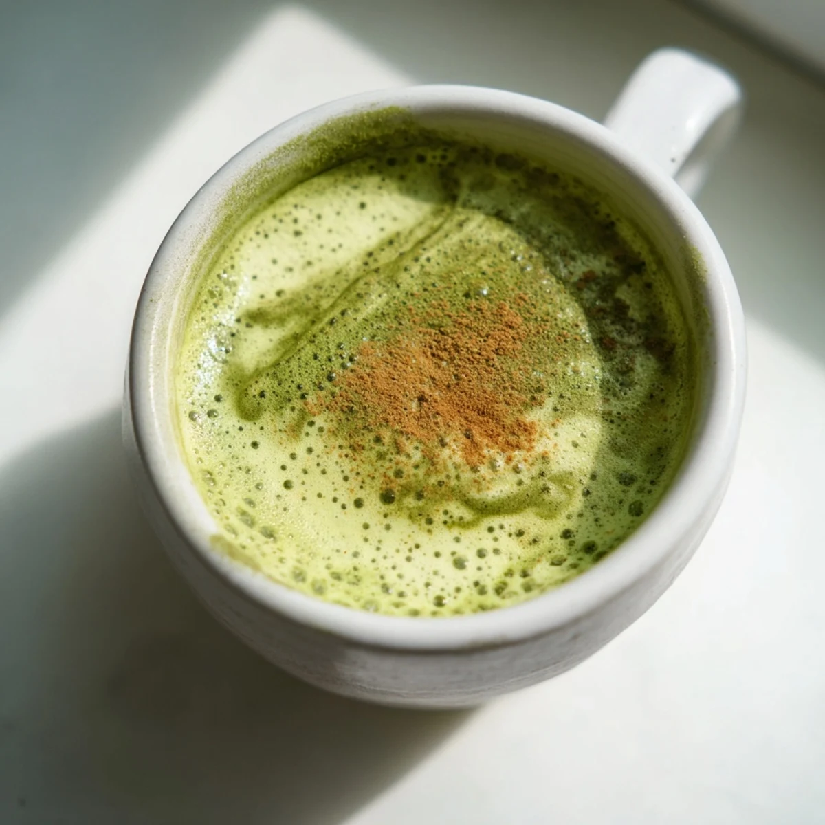A close-up of a frothy Coconut Ginger Matcha Winter Immunity Latte, showcasing the creamy, bright green swirls.