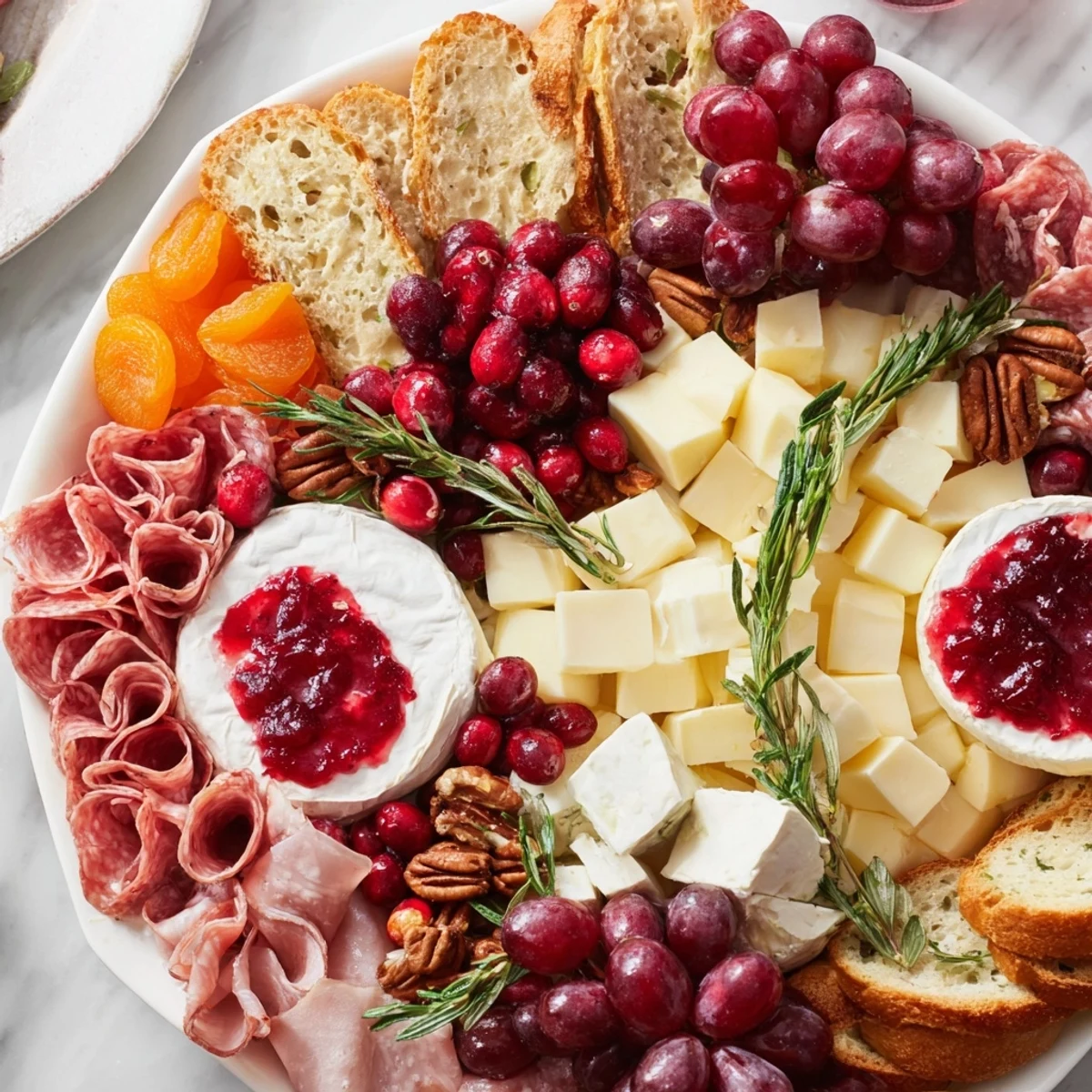 Vibrant Cranberry Wreath Platter with festive red cranberry sauce, cheeses, and meats, ready to serve and enjoy.