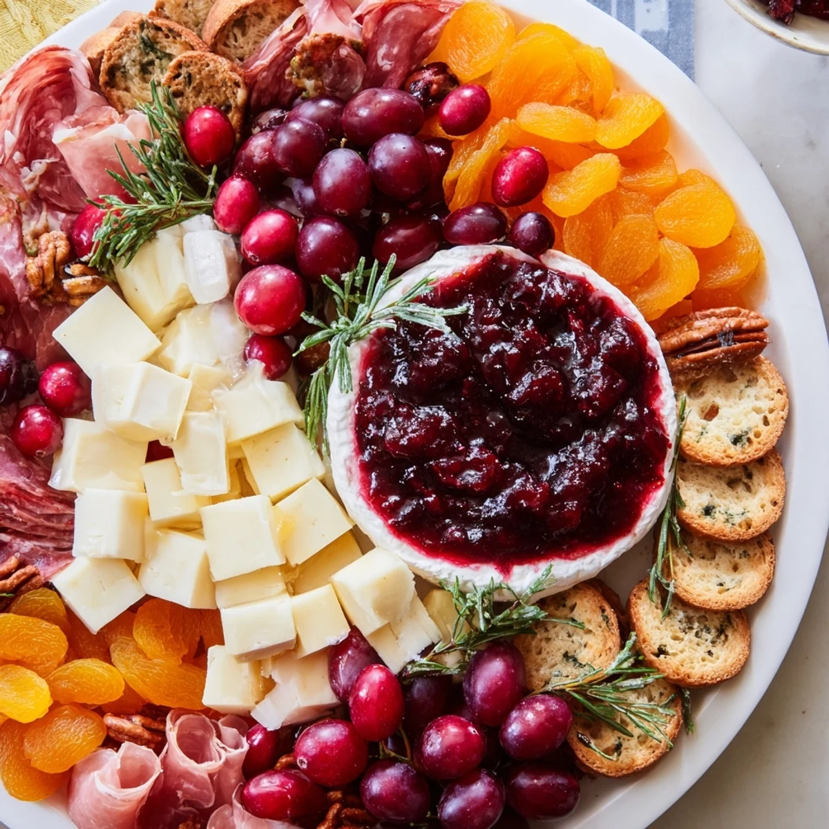 A beautiful holiday Cranberry Wreath Platter features glistening cranberries, creamy cheeses, and savory meat, perfect for a party.