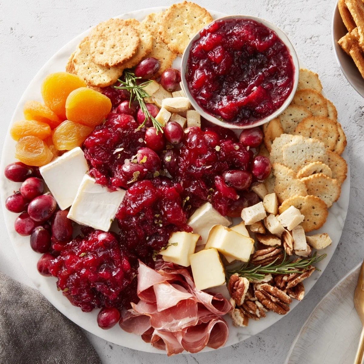 This stunning Cranberry Wreath Platter appetizer arrangement includes a festive array of sweet and savory holiday flavors.