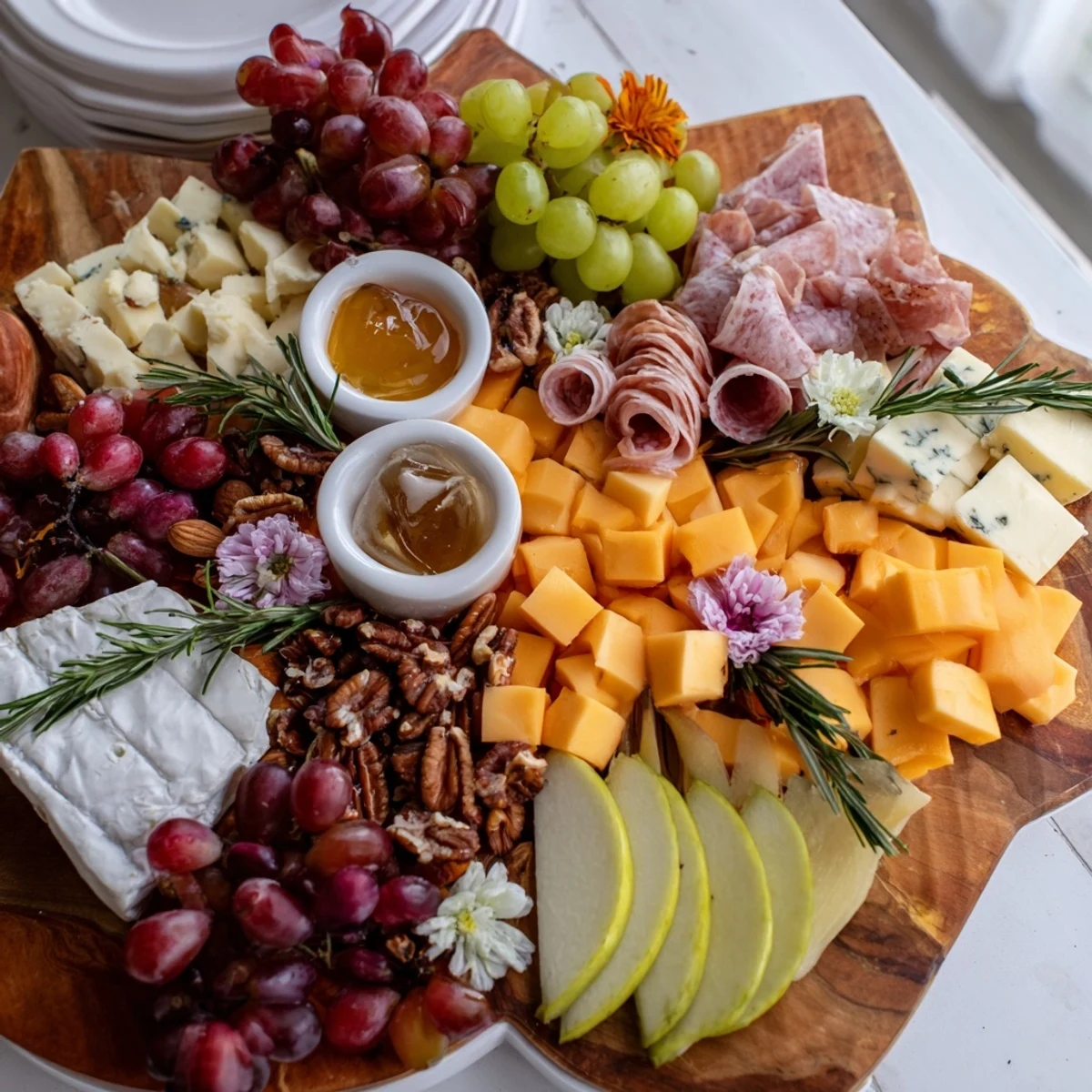 Vibrant Maple Leaf Grazing Tray, overflowing with cheeses, fruits, and meats, ready for autumn get-togethers.