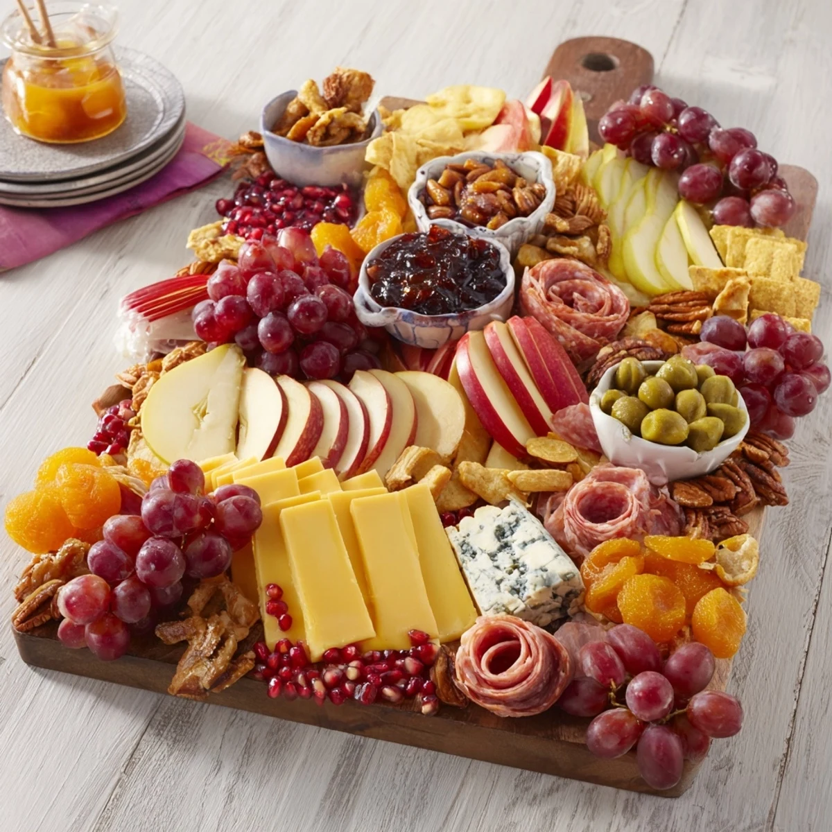 A colorful Cornucopia Harvest Board overflowing with cheeses, fruits, and meats; ideal for entertaining.