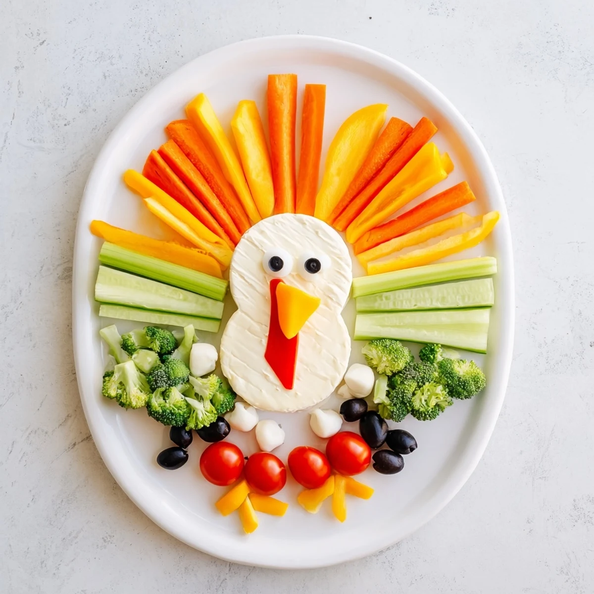 Get ready for a delicious turkey-shaped appetizer tray loaded with veggies alongside creamy dips.