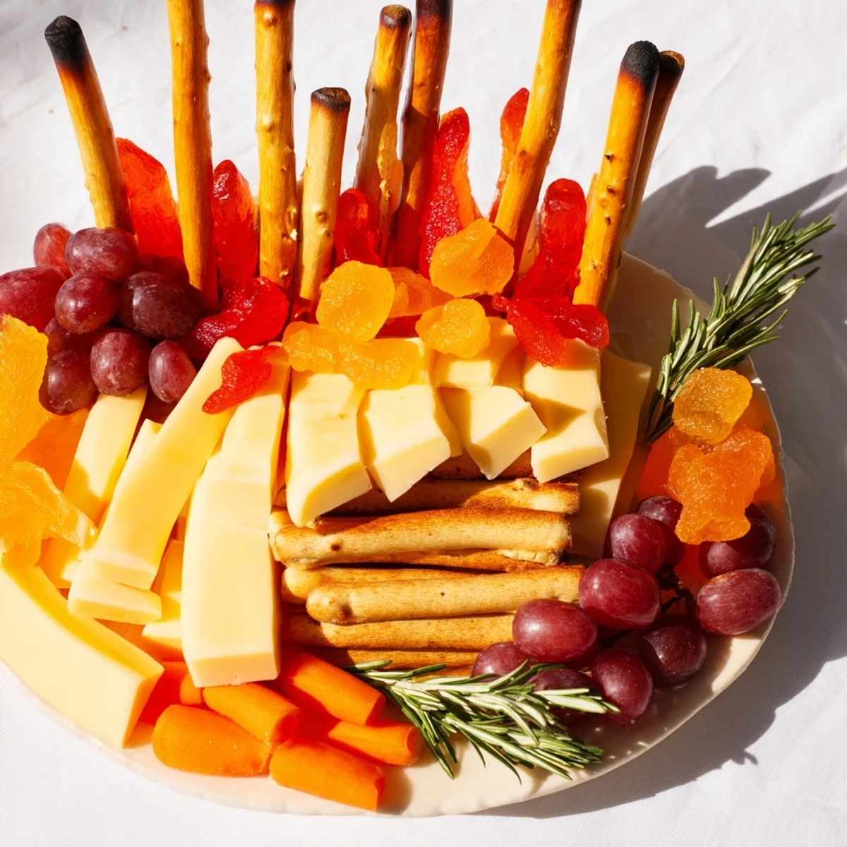 Flickering Fire Log Snack Board: A vibrant arrangement of cheeses, fruits, and snacks resembling a cozy, edible fire.
