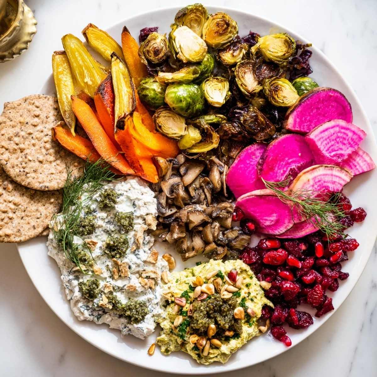 A vibrant Pine Forest Winter Mezze Board, showcasing roasted vegetables and festive garnishes for sharing.