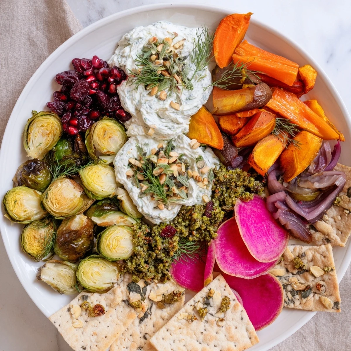 This visually stunning Pine Forest Winter Mezze Board offers the earthy taste of roasted veggies and creamy labneh.