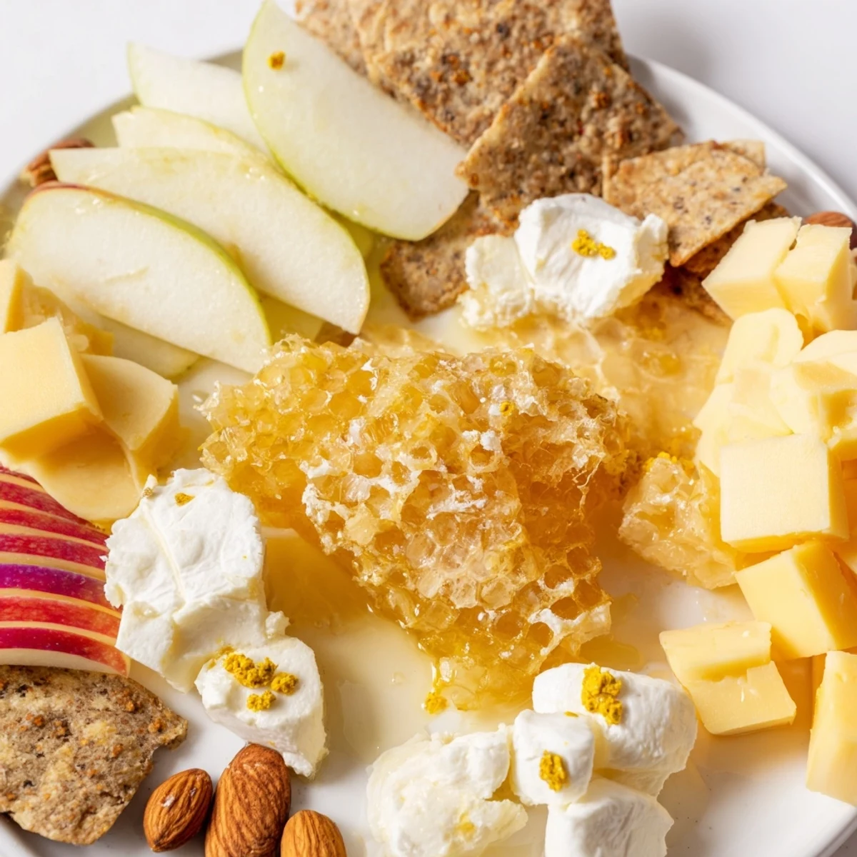 Golden honeycomb and cheeses star on this Busy Bee Honeycomb Snack Plate, ready to share.