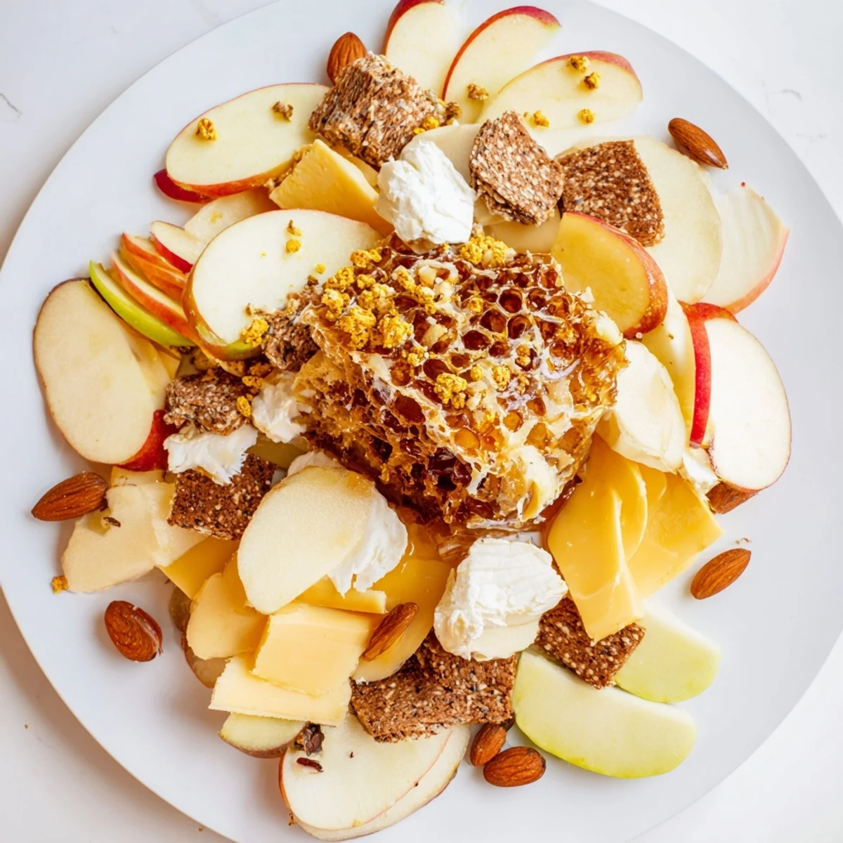 Vibrant Busy Bee Honeycomb Snack Plate with fresh fruit, nuts, and a drizzle of honey, looks so appealing.