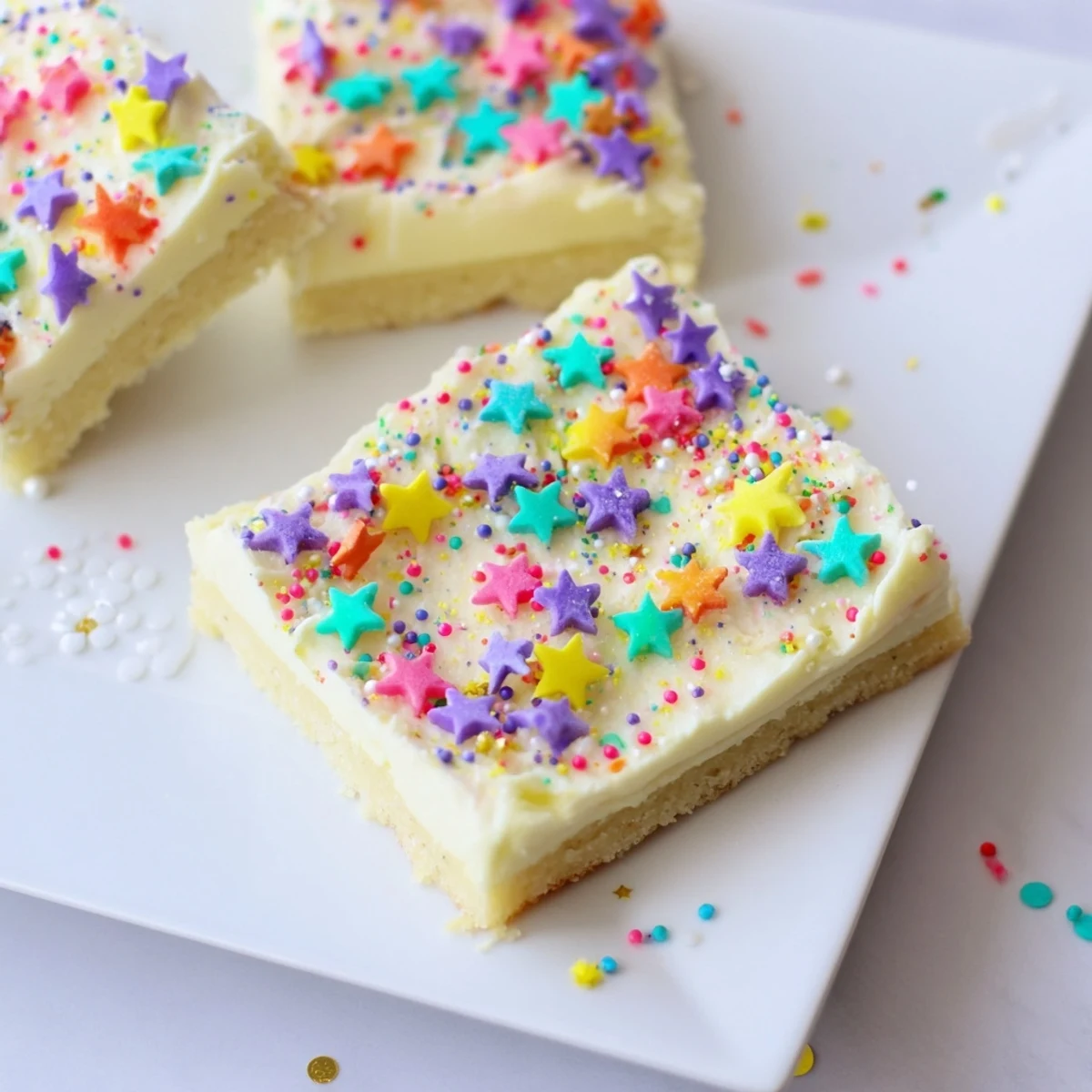 Close-up of frosted Twinkle Twinkle Star Dessert Bars with vibrant star sprinkles, perfect for celebrations.