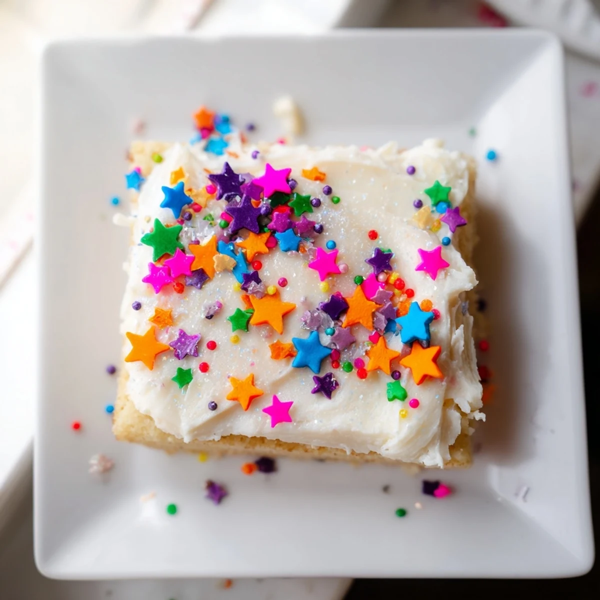 Golden, buttery Twinkle Twinkle Star Dessert Bars, frosted and sprinkled, ready to enjoy at any party.