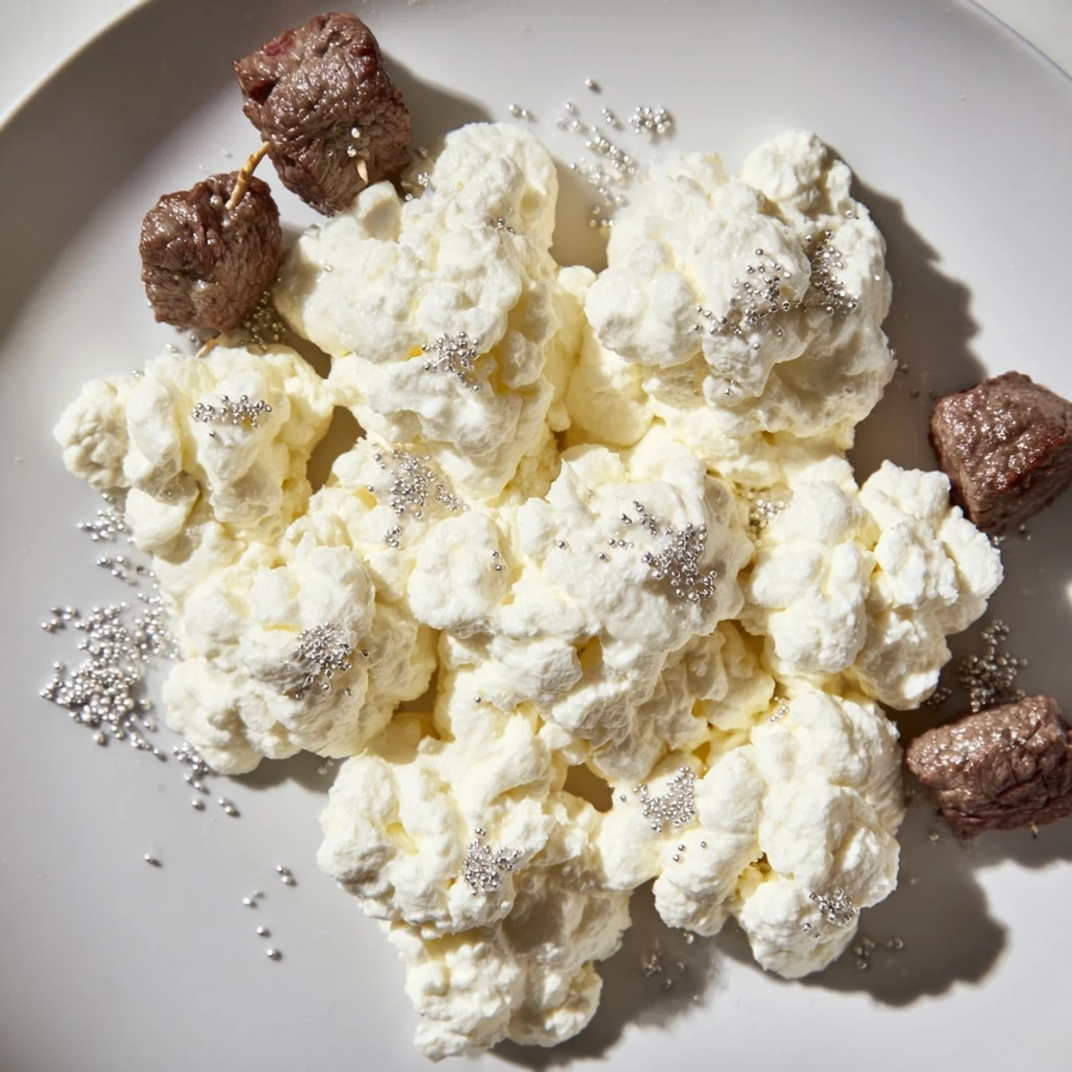 This Fluffy Clouds Lamb Baby Shower Board features tender lamb skewers alongside colorful fresh vegetables to enjoy.