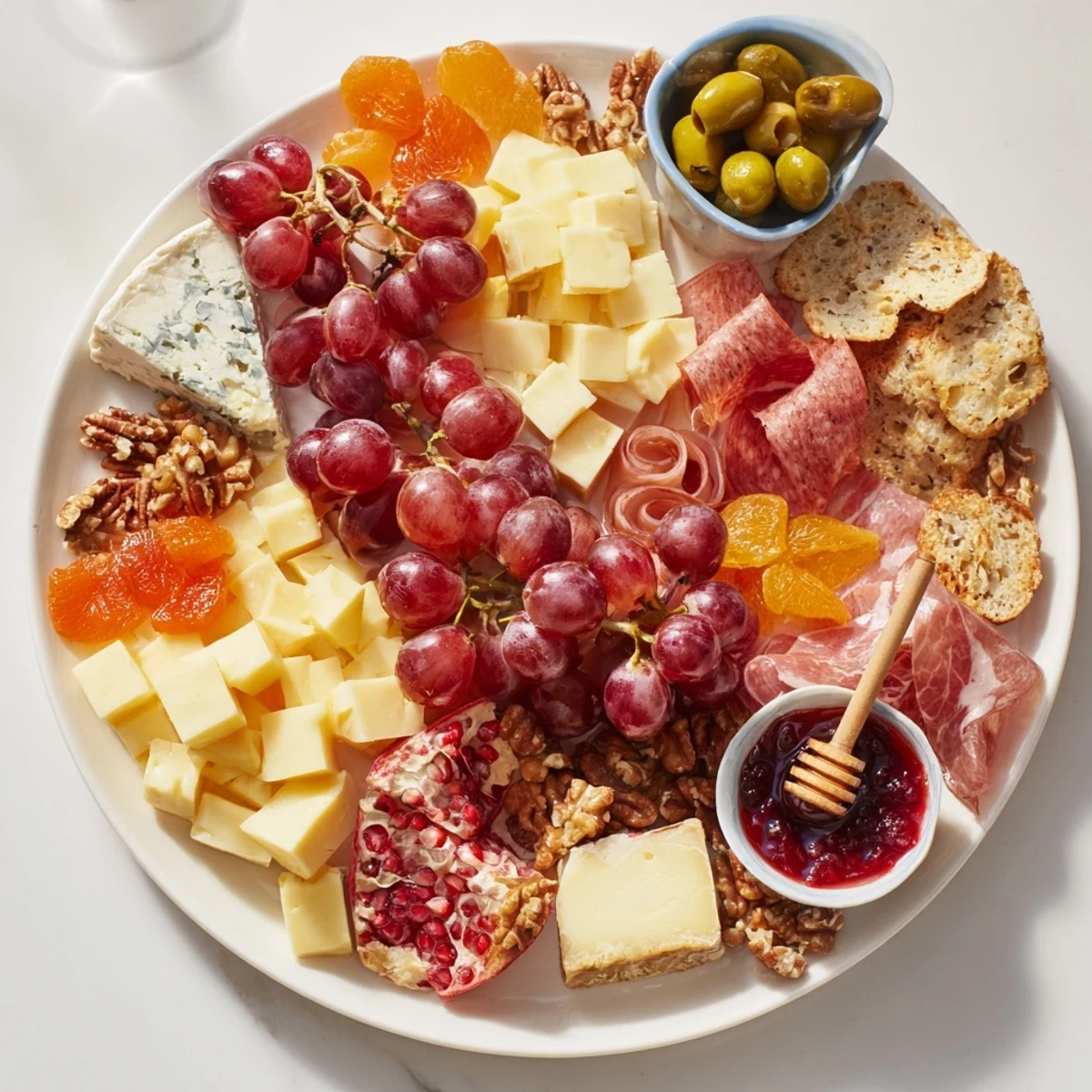 A beautifully arranged Christmas 2025 Festive Grazing Board features cheeses, grapes, and nuts with rosemary sprigs.