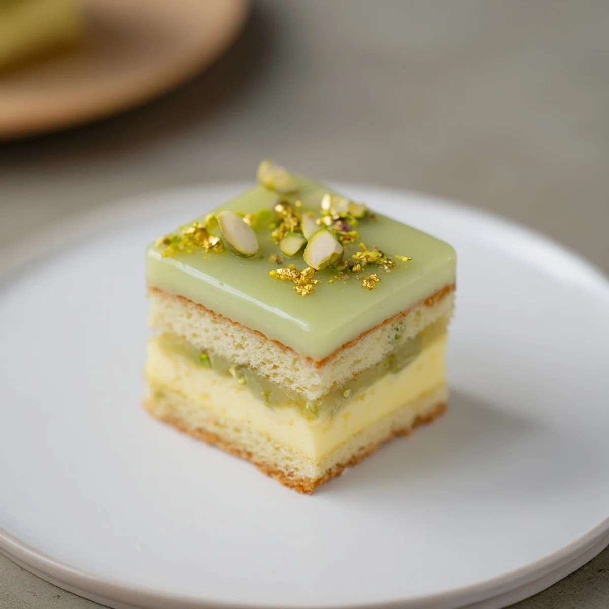 A close-up of vibrant Grenouille Royale Petits Fours, showcasing layered almond cake and rich pistachio cream.