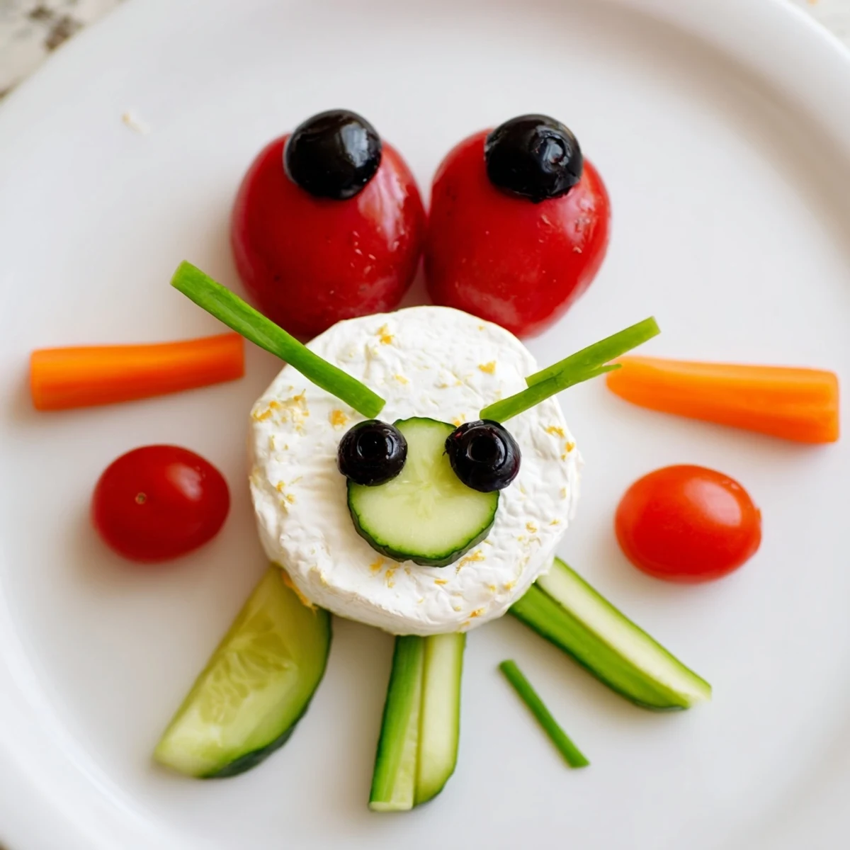 Delightful Coccinelle Amusante Planche Pique-Nique: a whimsical cheese and veggie board, perfect for kids.