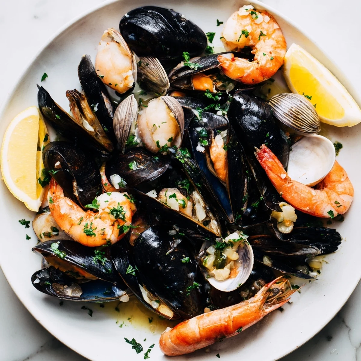 Steaming Shellfish & Seafood Medley, offering flavorful mussels, clams, shrimp, and scallops, ready to enjoy.