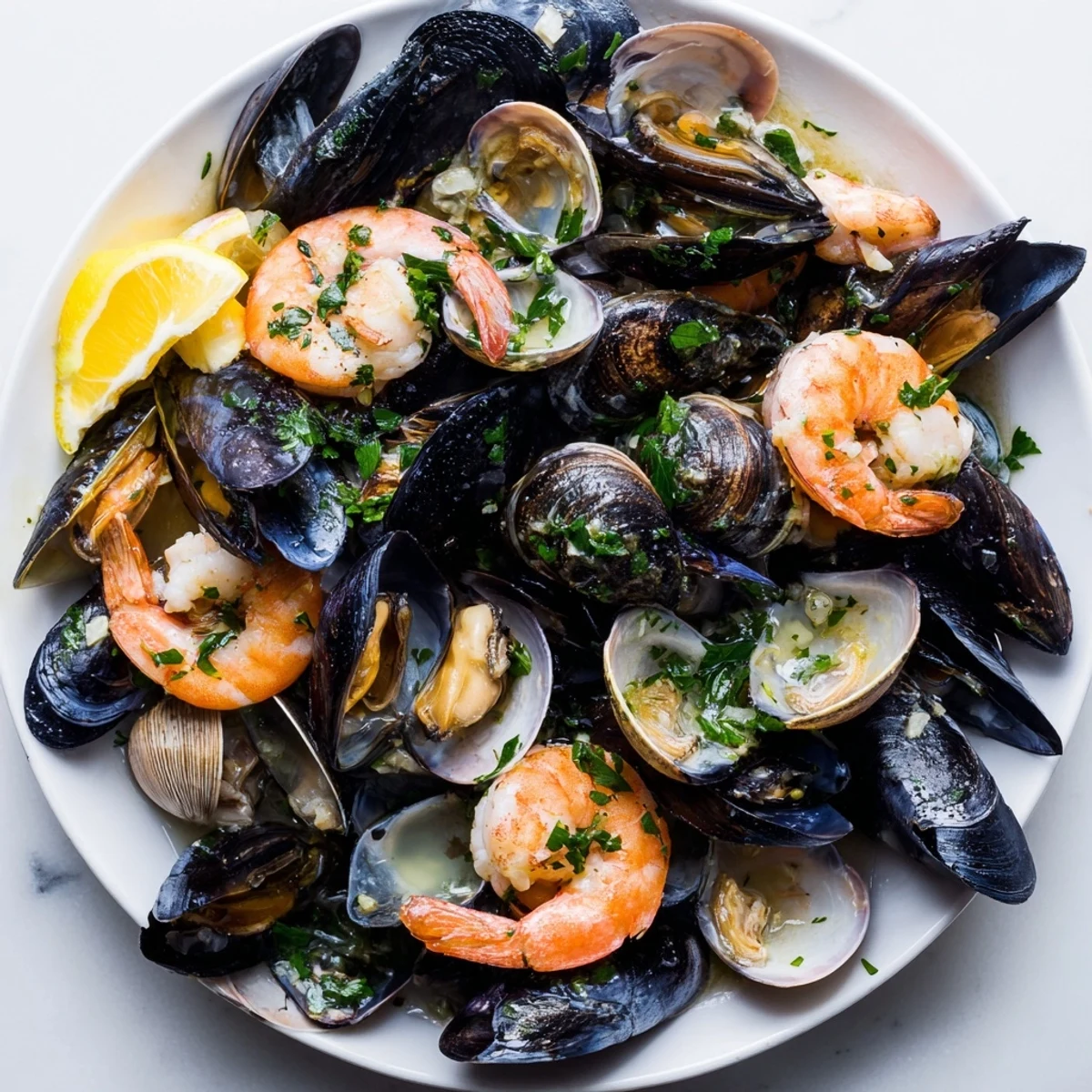 Aromatic herbs enhance this beautiful Shellfish & Seafood Medley, a French-inspired dish perfect for any gathering.