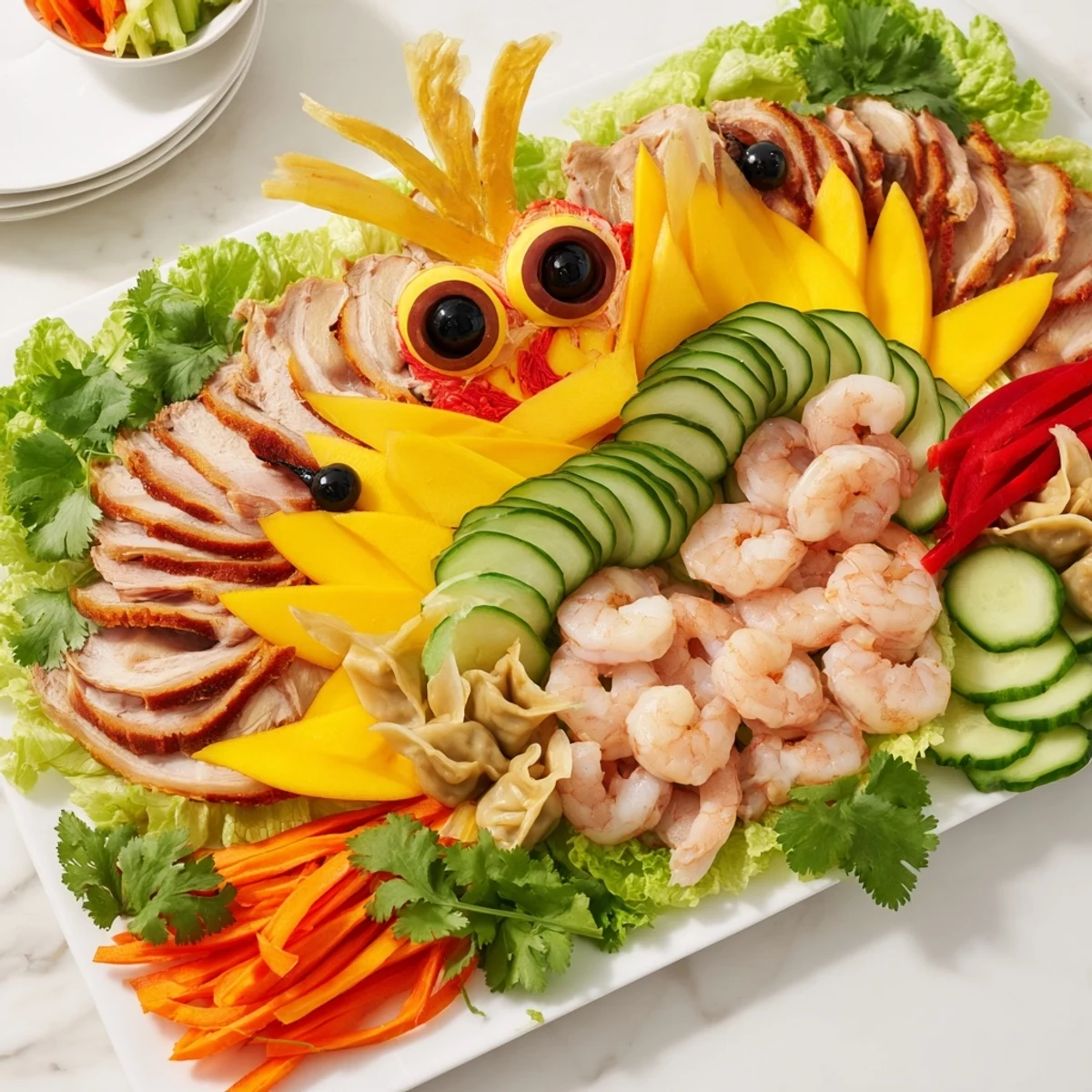 A vibrant Lunar New Year Dragon Platter with colorful vegetables, perfect for a festive appetizer.