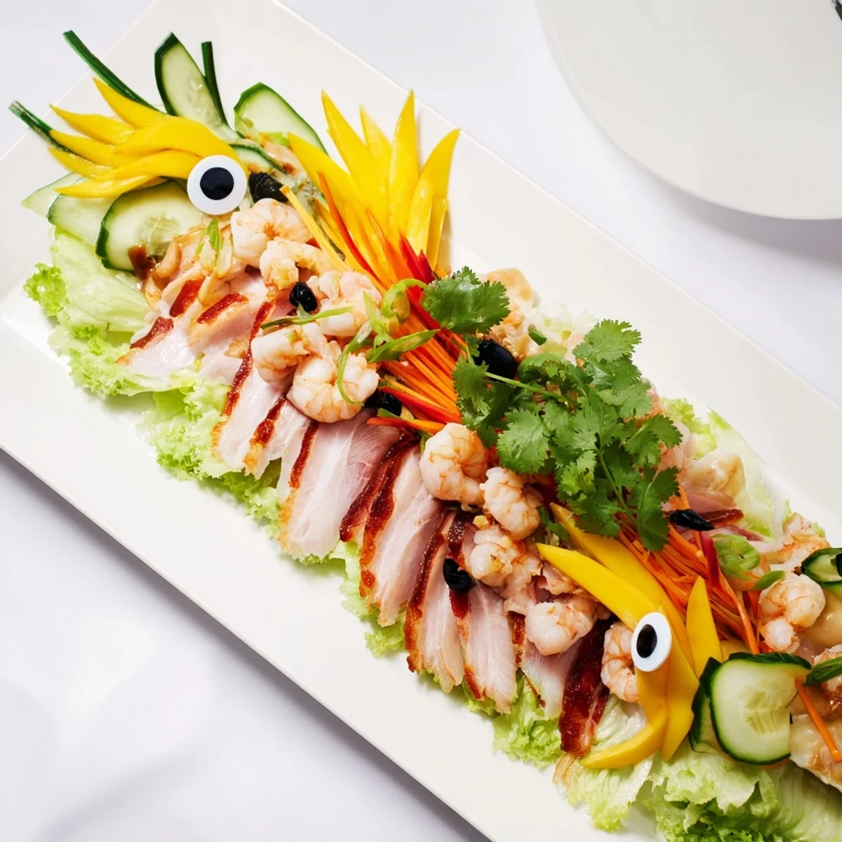 Delightful Lunar New Year Dragon Platter: showcasing shrimp, pork, and fresh veggies for an amazing party.