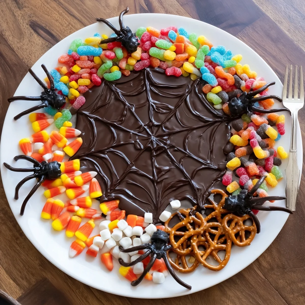 A spooky Spiderweb Candy Platter, featuring gummy spiders crawling on a dark chocolate web.
