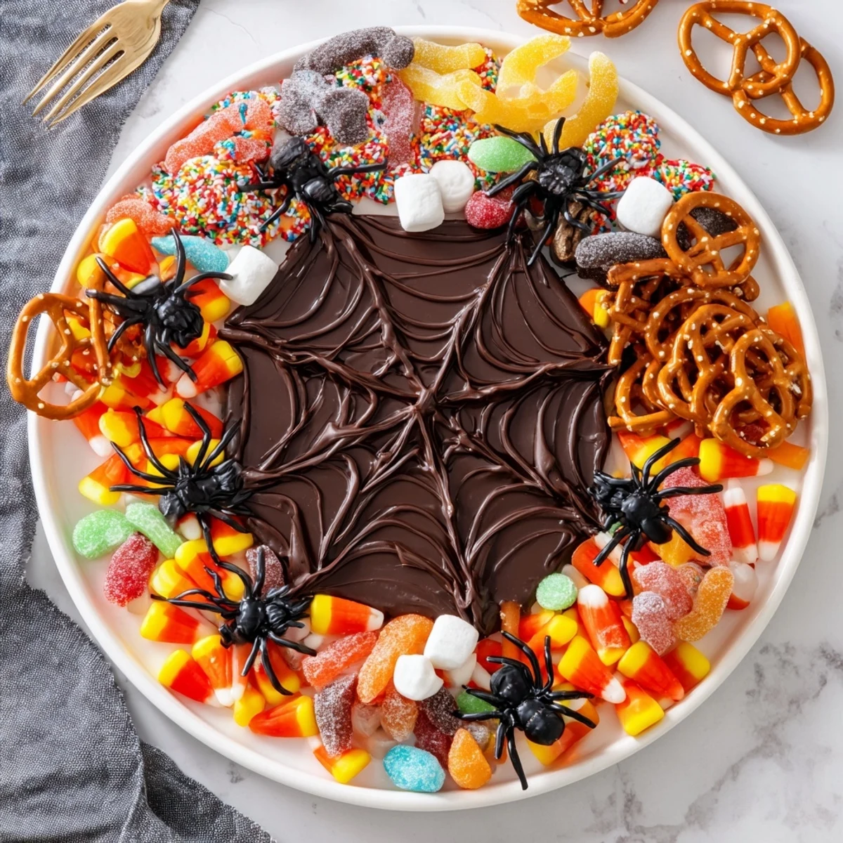 Vibrant and colorful Spiderweb Candy Platter, perfect for a festive Halloween treat arrangement.