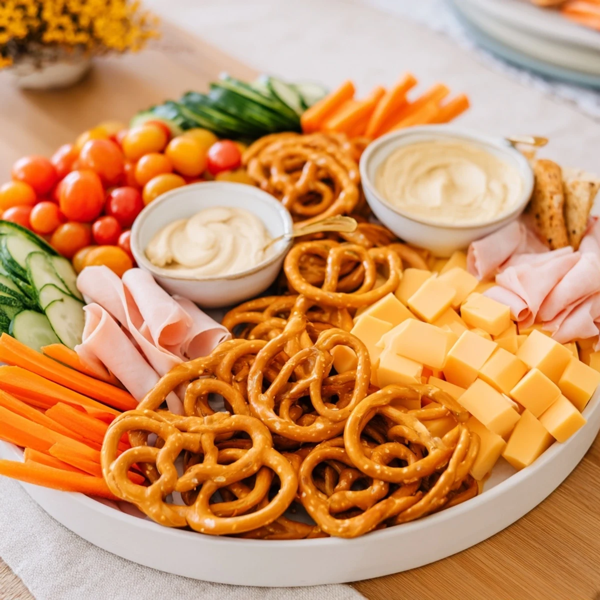A well-arranged Renard Rusé Snack Assortment, offering savory pretzels, cheese, and optional smoked turkey.