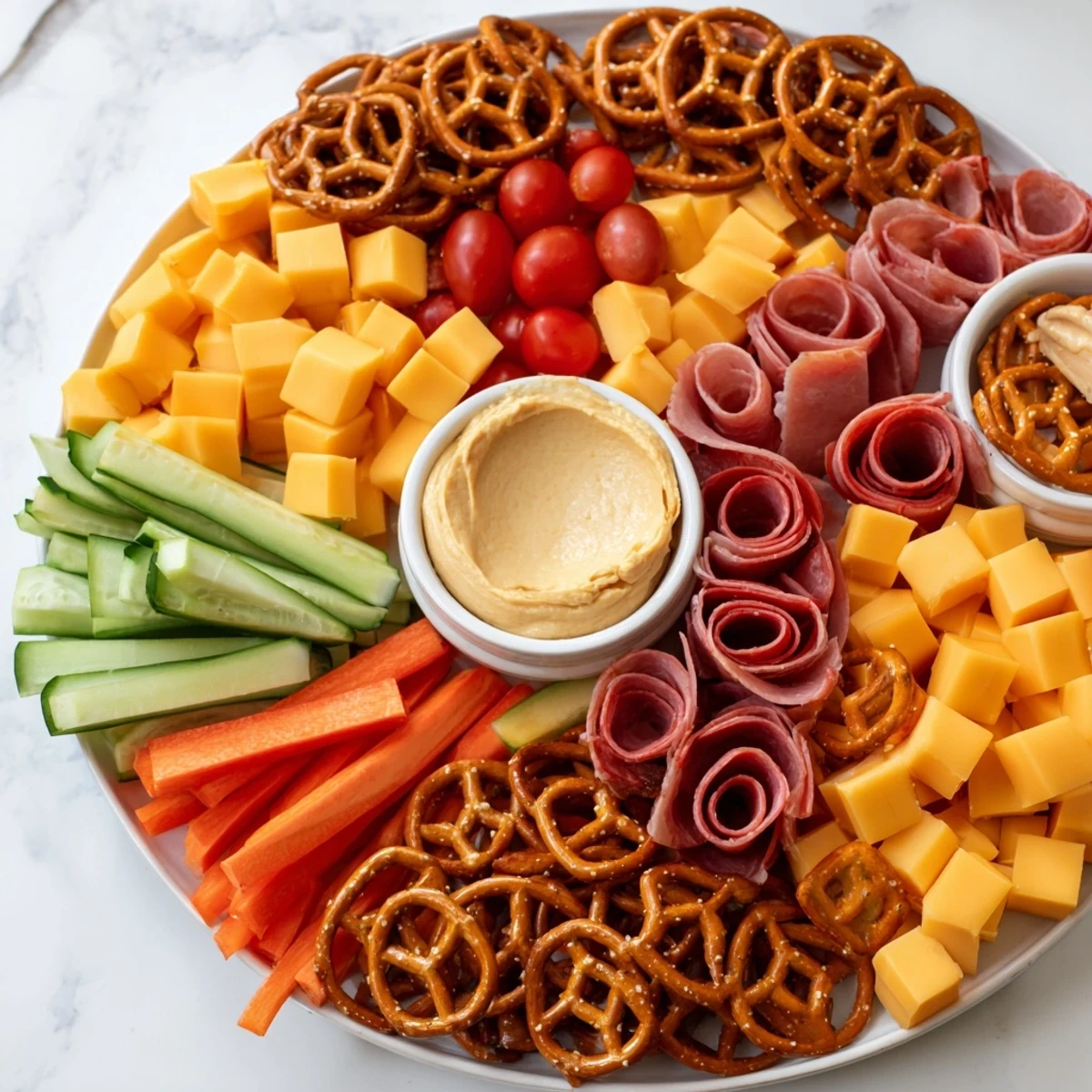 This delightful Renard Rusé Snack Assortment displays colorful vegetables, sweet grapes, and rich chocolate squares ready to enjoy.