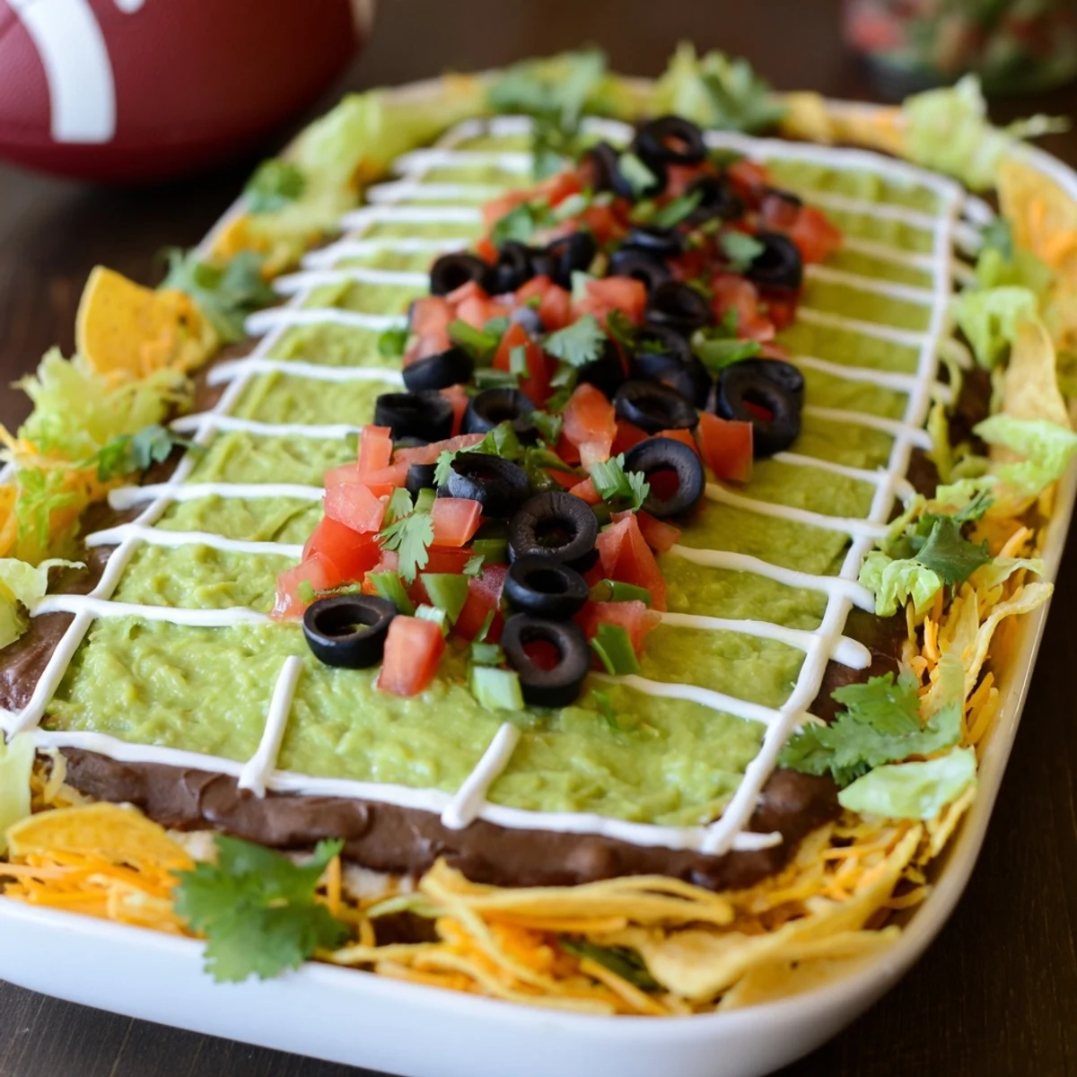 Vibrant Football Field Dip platter with fresh toppings surrounded by tortilla chips, ready to enjoy.