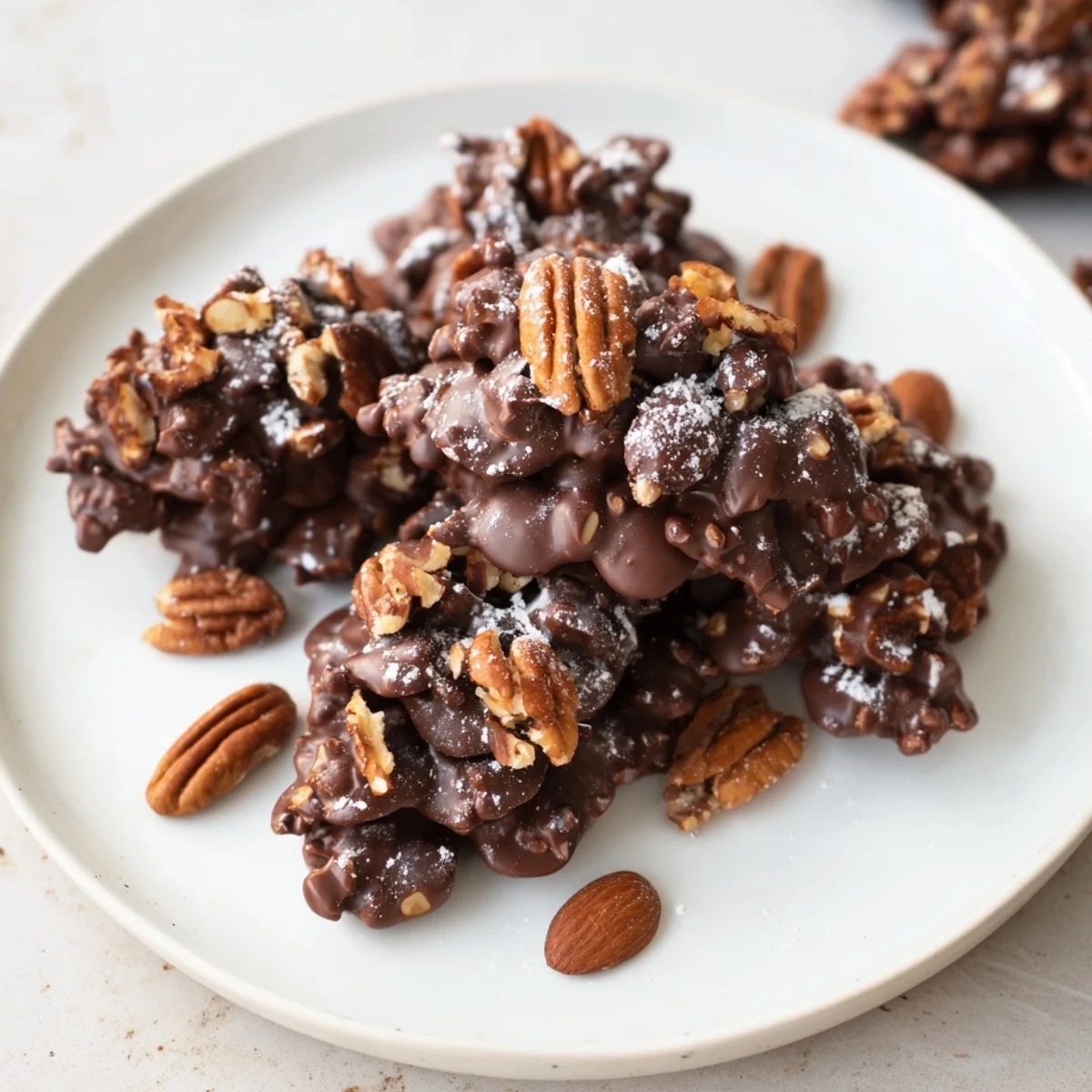 Delicate dusting highlights the textured, chocolatey beauty of these festive Pinecone Chocolate Nut Clusters.