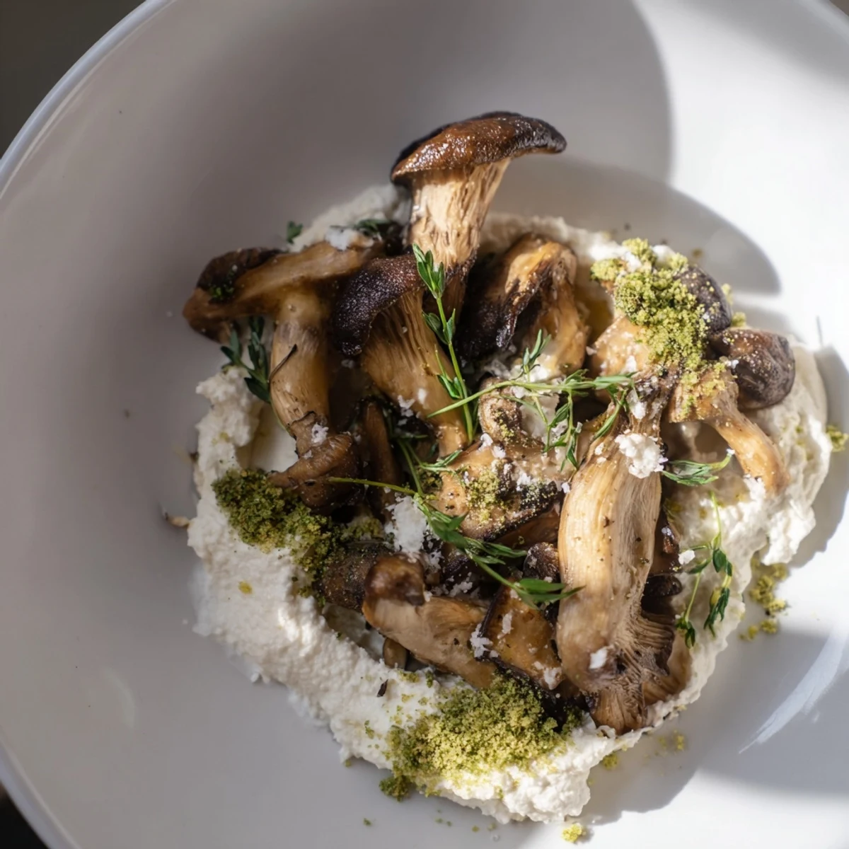 Savory Cottagecore: Mushroom and Moss Platter featuring golden mushrooms, creamy goat cheese, and vibrant green herbs.