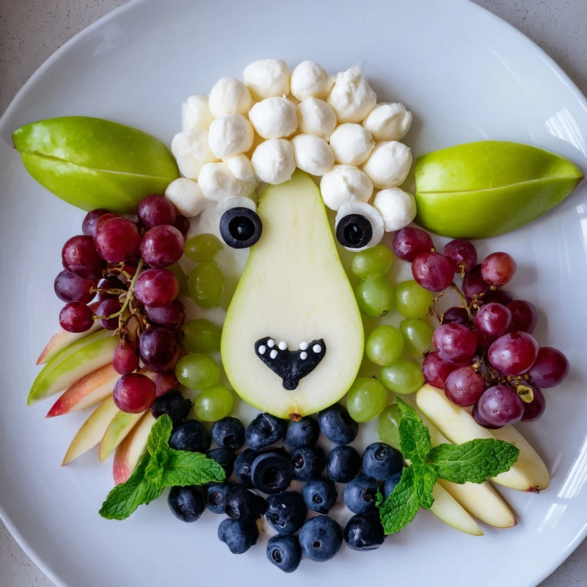 This whimsical Lamb Face Fruit and Cheese Platter boasts olives for eyes and a pear base, perfect for baby showers.