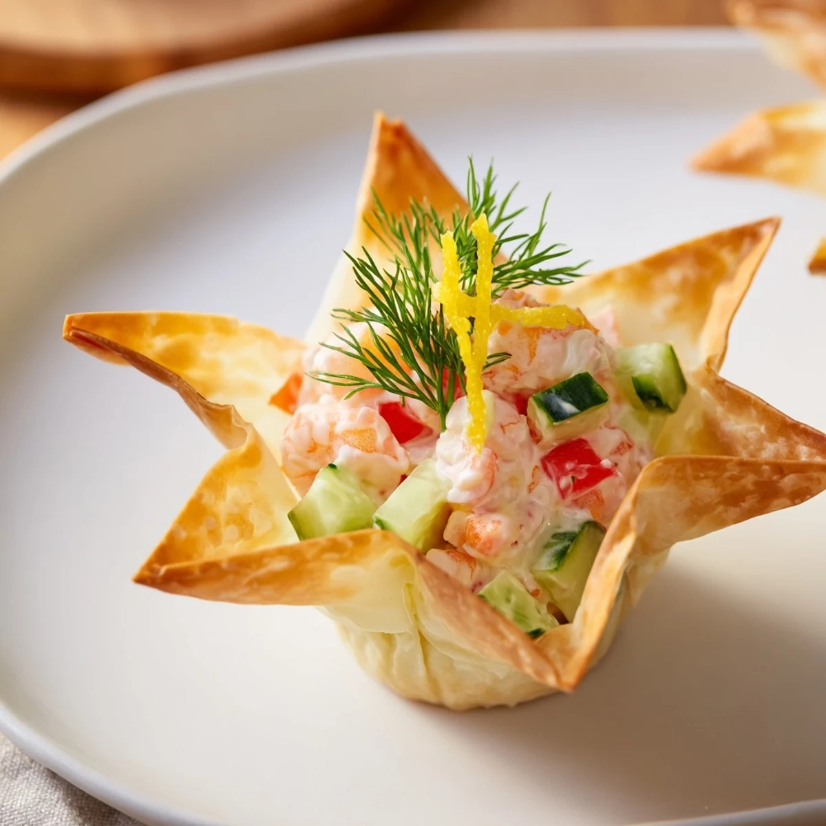 Golden-brown Mini Star Cocktail Cups, filled with creamy shrimp salad and fresh dill garnish.
