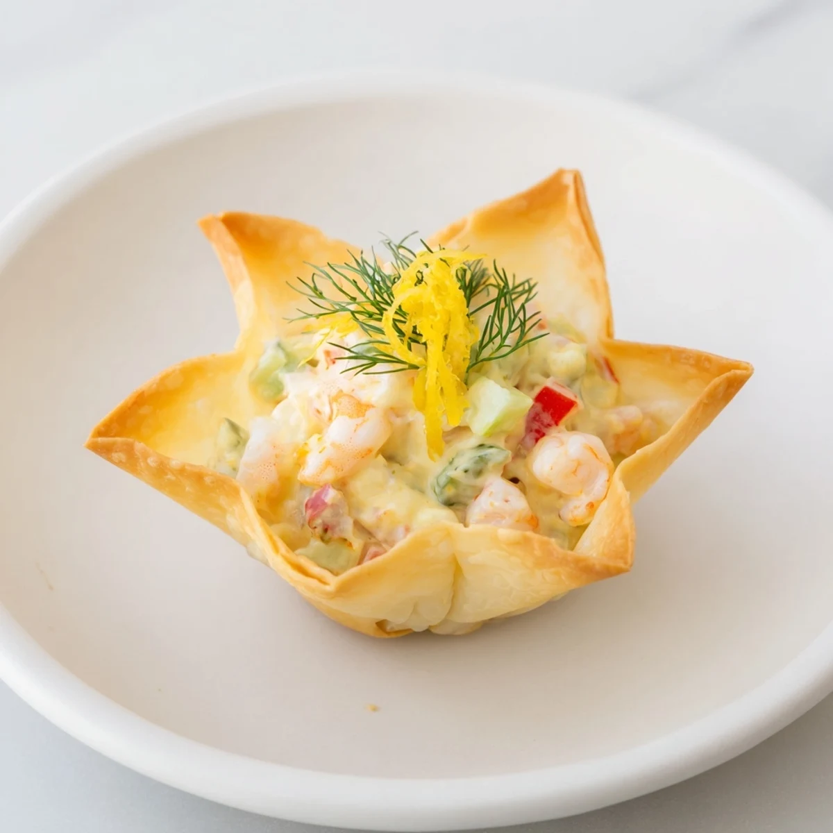 Delicate, crispy phyllo cups forming beautiful Mini Star Cocktail Cups with a savory shrimp filling.