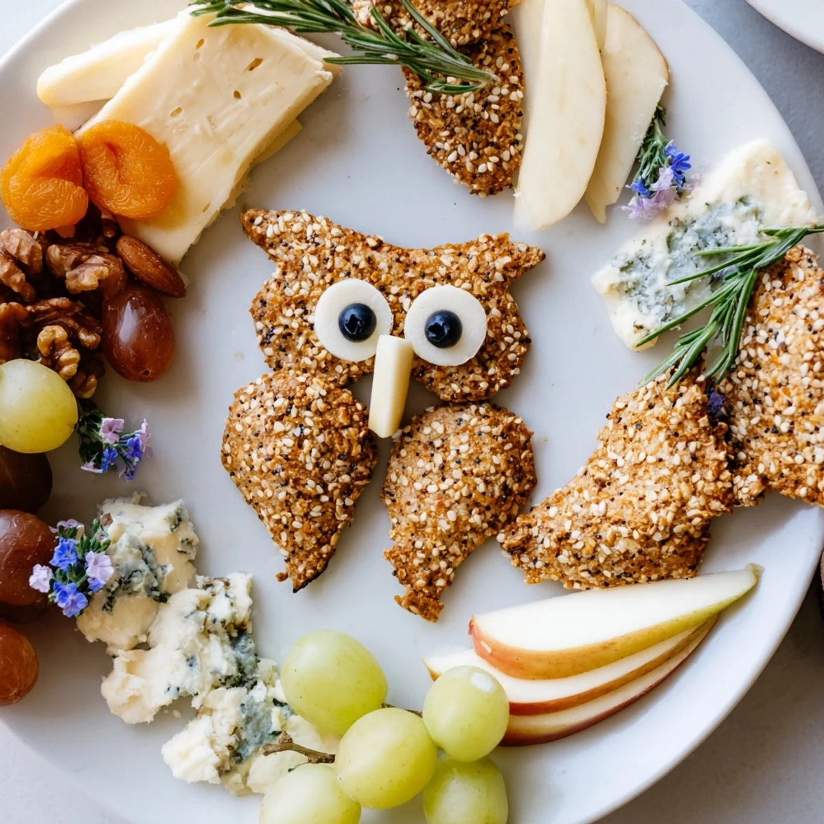 A beautifully arranged Owl Cracker and Cheese Board, featuring assorted cheeses, fruits, and flavorful nuts to enjoy.