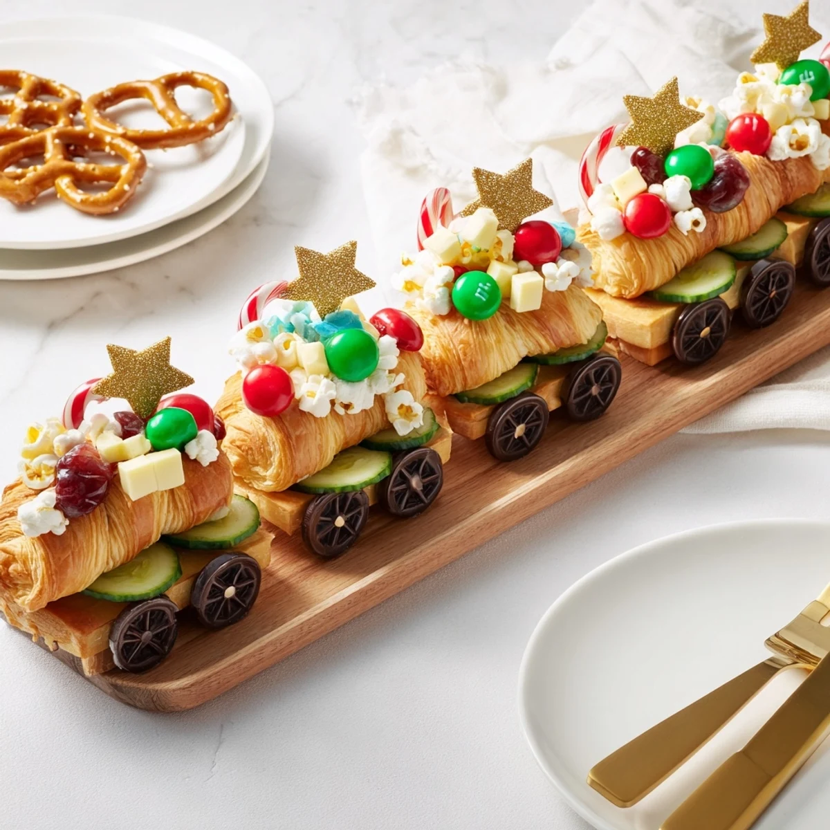 Festive Polar Express Train Treat Board, brimming with sweet and savory holiday snack options.