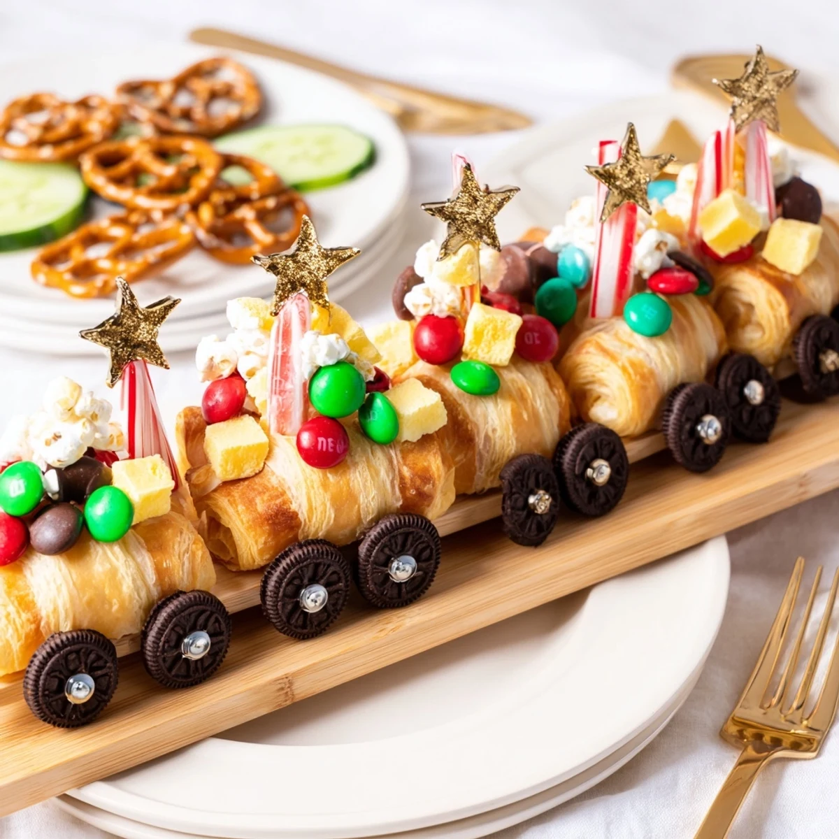 A colorful Polar Express Train Treat Board, ready to share delicious, easy-to-grab holiday treats.