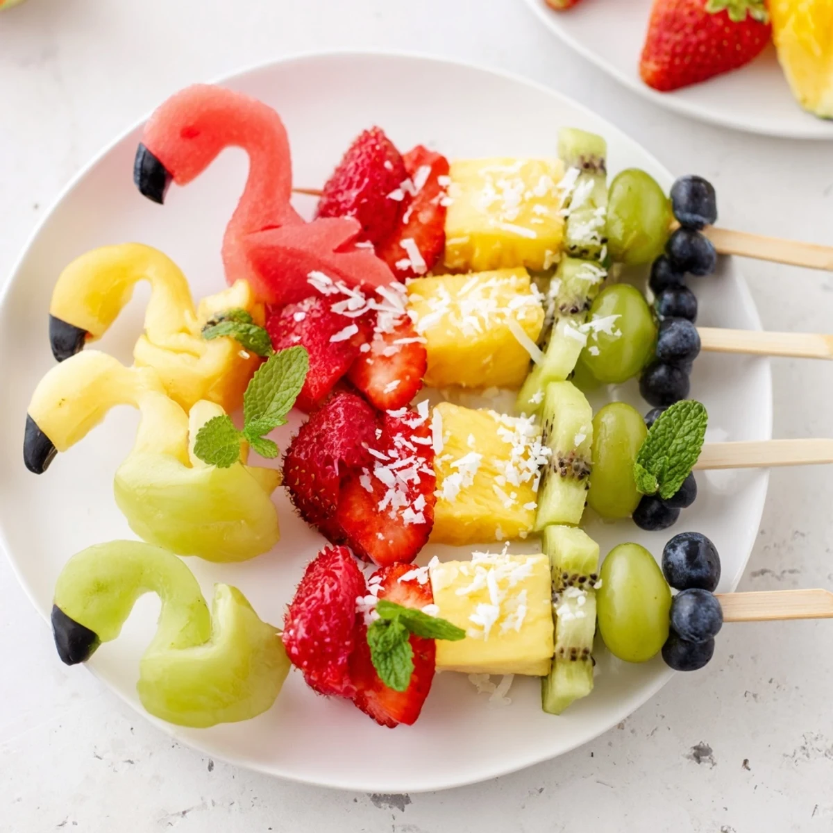 Vibrant Flamingo Fruit Skewer Platter, bursting with colorful tropical fruits and playful skewers.