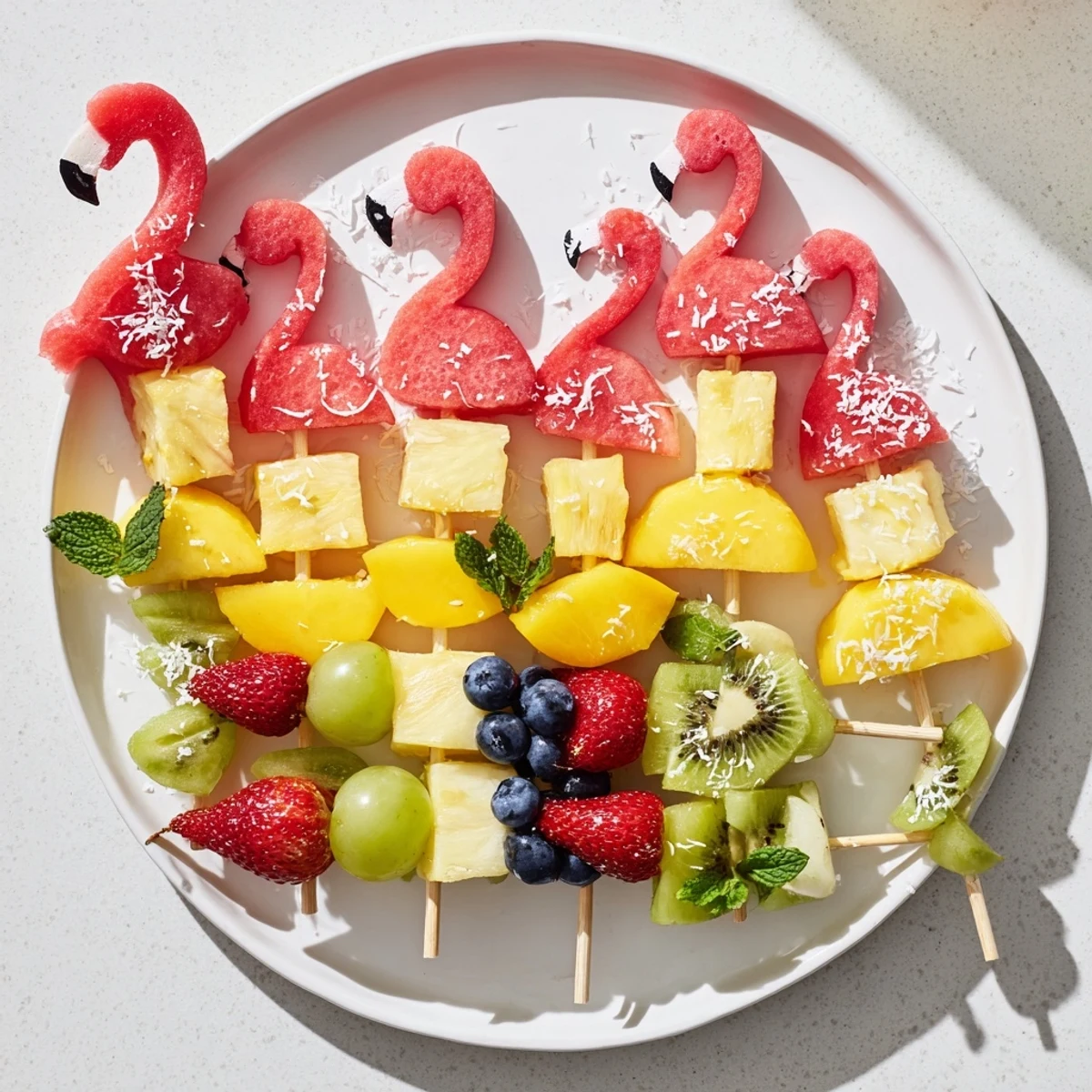 The colorful Flamingo Fruit Skewer Platter, a delightful treat with lime wedges, ready to enjoy.
