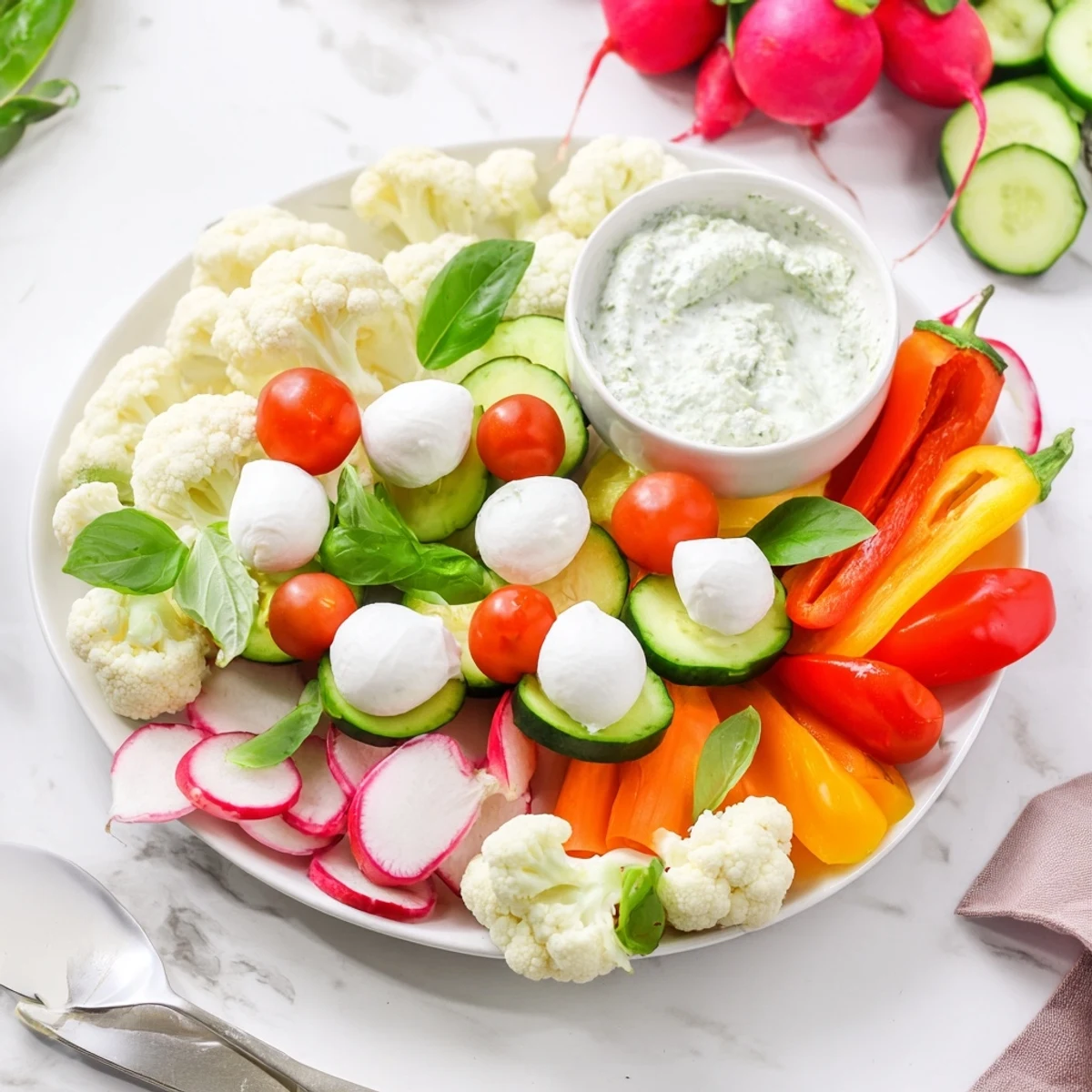 A vibrant close-up showing fresh veggies arranged as Savory Crudités: Veggie Santa Hats, with creamy dip alongside.