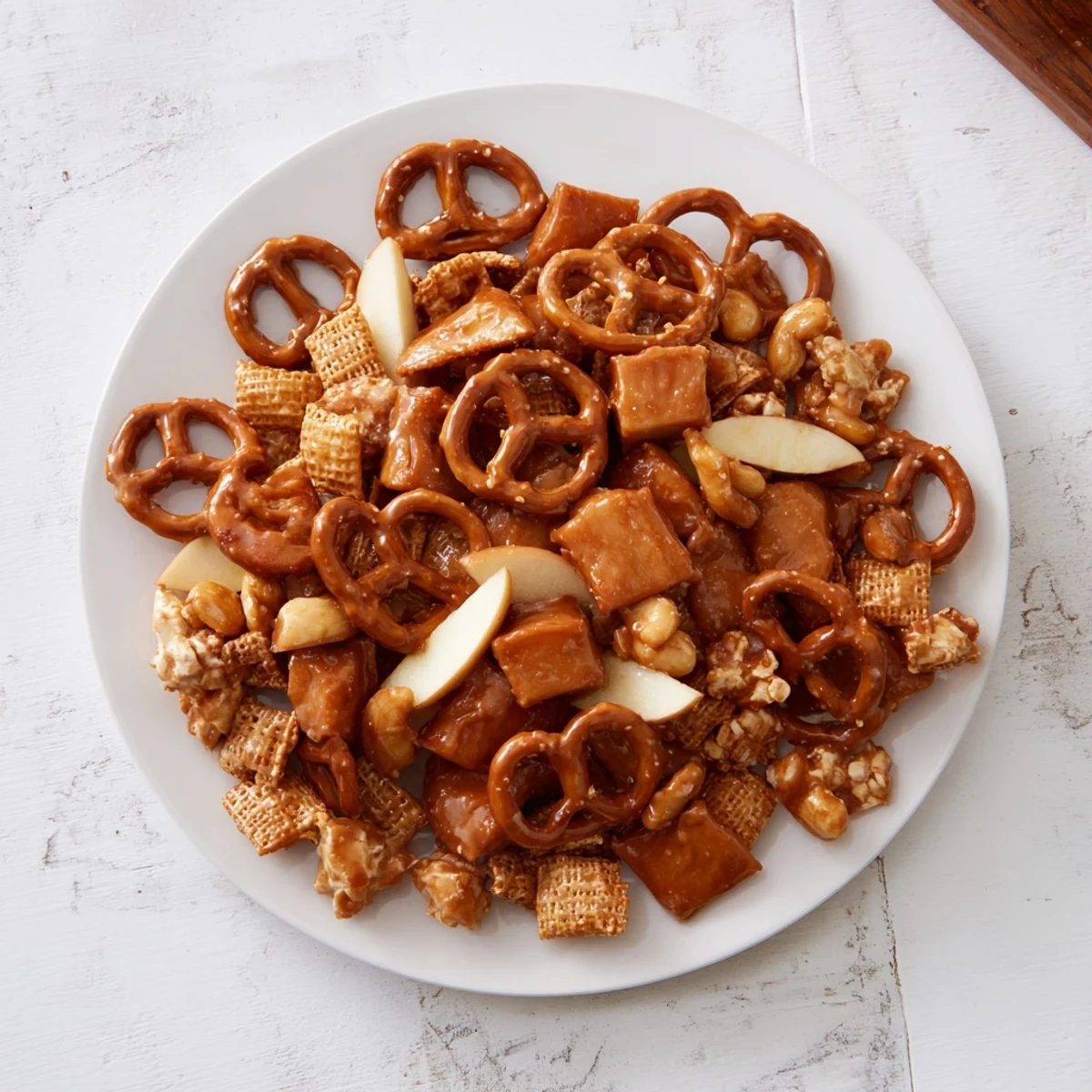 Golden-brown, crunchy Party Mix with a sweet cider glaze, perfect for snacking and sharing.