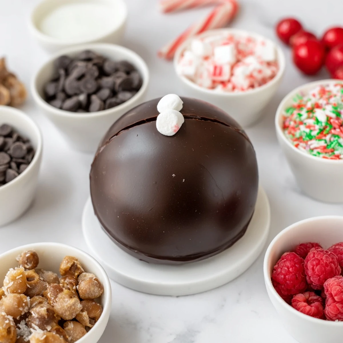 Steaming mug of hot cocoa topped with fun sprinkles, enjoyed with a Hot Cocoa Bomb.