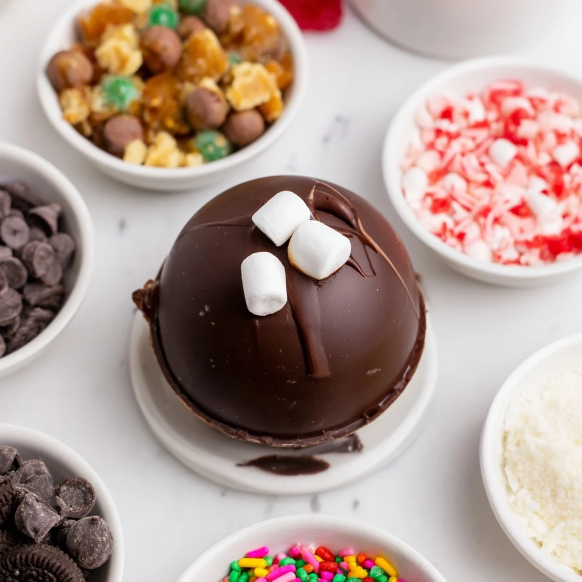 A close-up of a colorful Hot Cocoa Bomb, ready to open in a mug of warm milk.